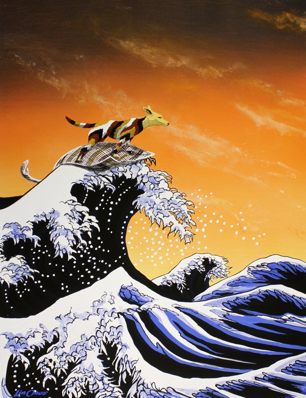 A painting of a dingo, coloured with red, white and black stripes, riding a stingray on a big wave in the ocean. A painting of a dingo, coloured with red, white and black stripes, riding a stingray on a big wave in the ocean.