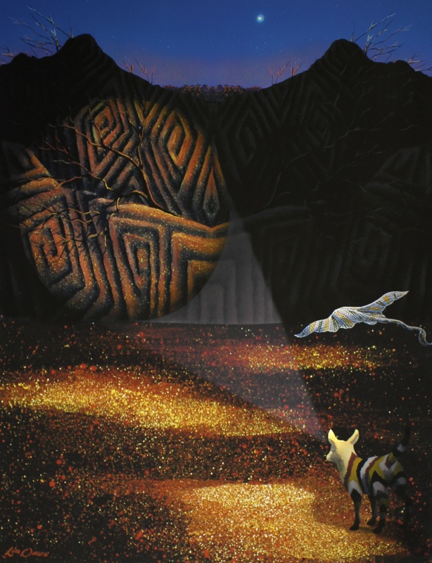 A painting of a dingo, coloured with red, white and black stripes, shining a light onto a wall pattered with diagonal spirals, and accompanied by a stingray flying nearby. A painting of a dingo, coloured with red, white and black stripes, shining a light onto a wall pattered with diagonal spirals, and accompanied by a stingray flying nearby.