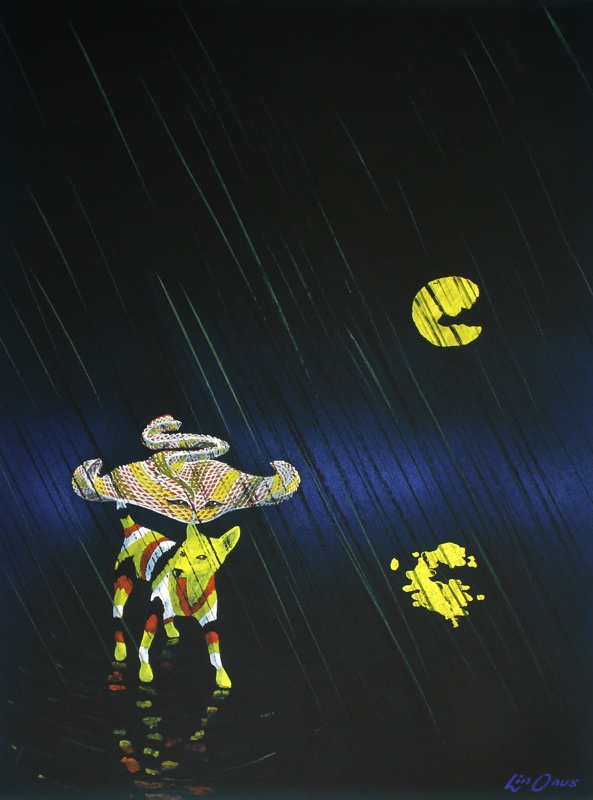A painting of a dingo, coloured with red, white and black stripes, standing on a wet surface with a stringray in the rain at night-time, a yellow moon reflected in the water. A painting of a dingo, coloured with red, white and black stripes, standing on a wet surface with a stringray in the rain at night-time, a yellow moon reflected in the water.