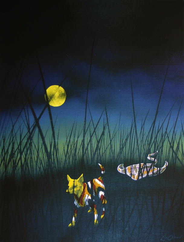 A painting of a dingo, coloured with red, white and black stripes, and a stingray, exploring the long grass at night time, a yellow full moon in the sky. A painting of a dingo, coloured with red, white and black stripes, and a stingray, exploring the long grass at night time, a yellow full moon in the sky.