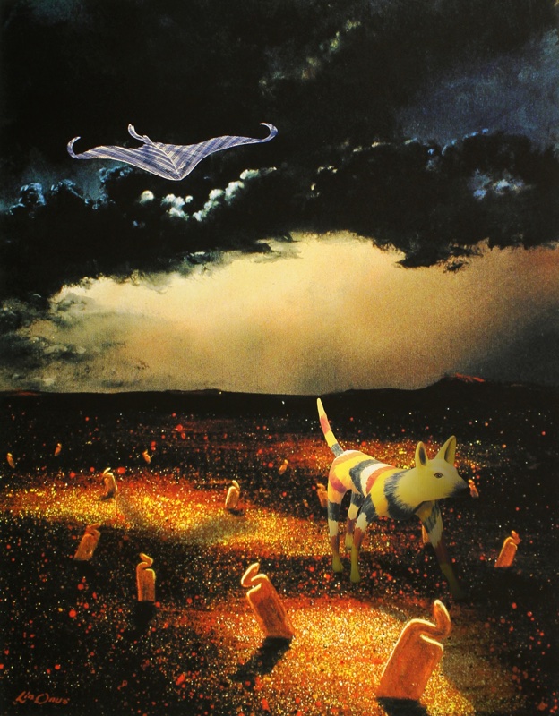 A painting of a dingo, coloured with red, white and black stripes, walking through a desert with orange toilet cleaner bottles coming out of the ground, as a stingray flies overhead in a dark cloudy sky. A painting of a dingo, coloured with red, white and black stripes, walking through a desert with orange toilet cleaner bottles coming out of the ground, as a stingray flies overhead in a dark cloudy sky.