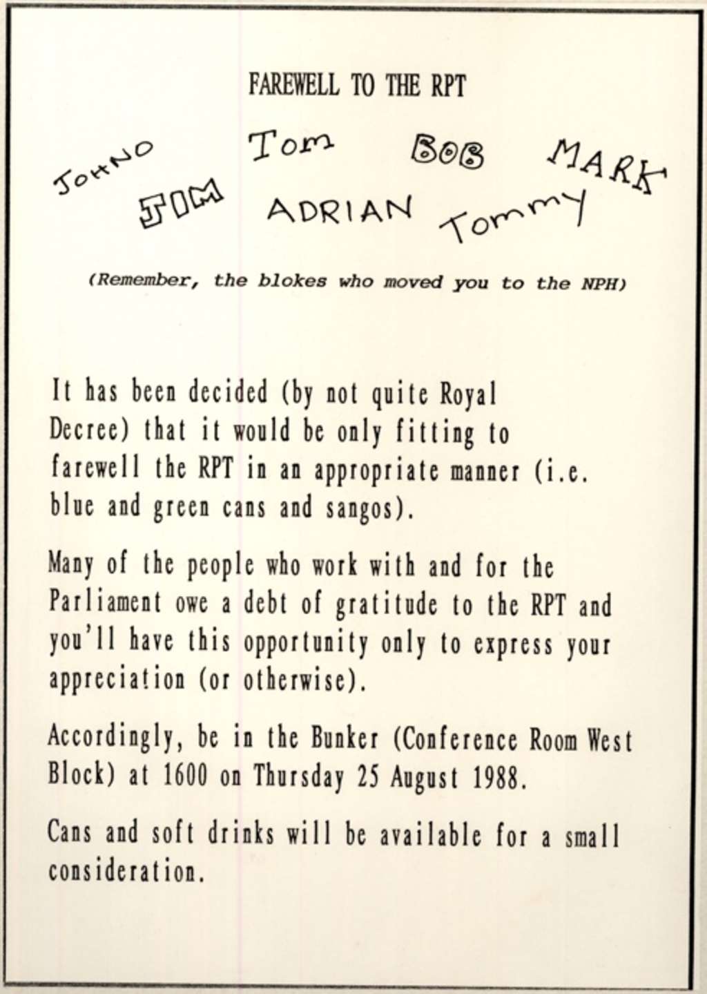 Invitation to the farewell for the Removals Planning Team. Invitation to the farewell for the Removals Planning Team.