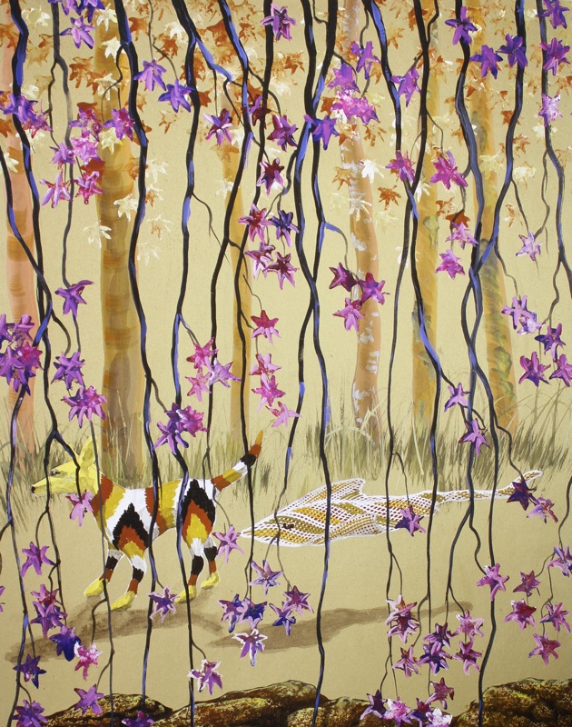 A painting of a dingo, coloured with red, white and black stripes, and a stingray, in a forest, long branches hanging down with purple leaves. A painting of a dingo, coloured with red, white and black stripes, and a stingray, in a forest, long branches hanging down with purple leaves.