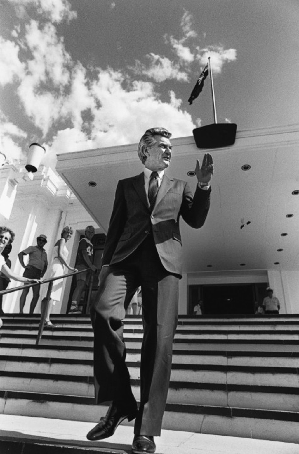 A buoyant Prime Minister-elect Bob Hawke acknowledges well-wishers on the steps of Parliament House A buoyant Prime Minister-elect Bob Hawke acknowledges well-wishers on the steps of Parliament House