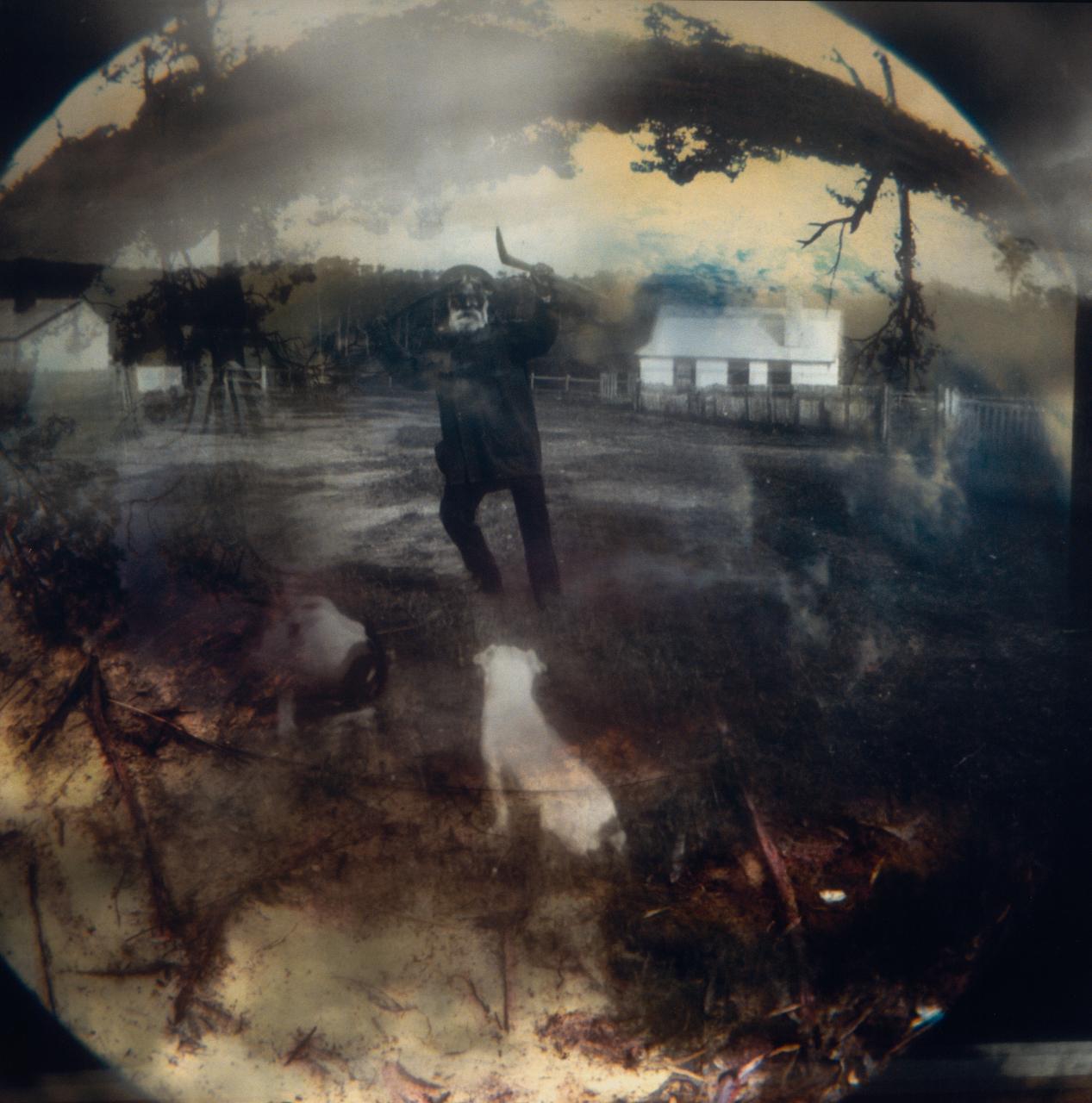 Artwork using a historic photo of William Barak, holding traditional objects, superimposed over landscape photography. Artwork using a historic photo of William Barak, holding traditional objects, superimposed over landscape photography.