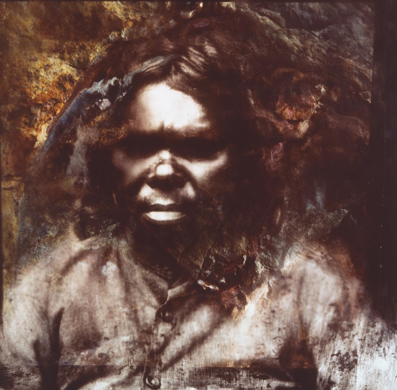 Brown and orange patterned artwork using a photograph of an Indigenous Australian person wearing a button-up shirt. Brown and orange patterned artwork using a photograph of an Indigenous Australian person wearing a button-up shirt.