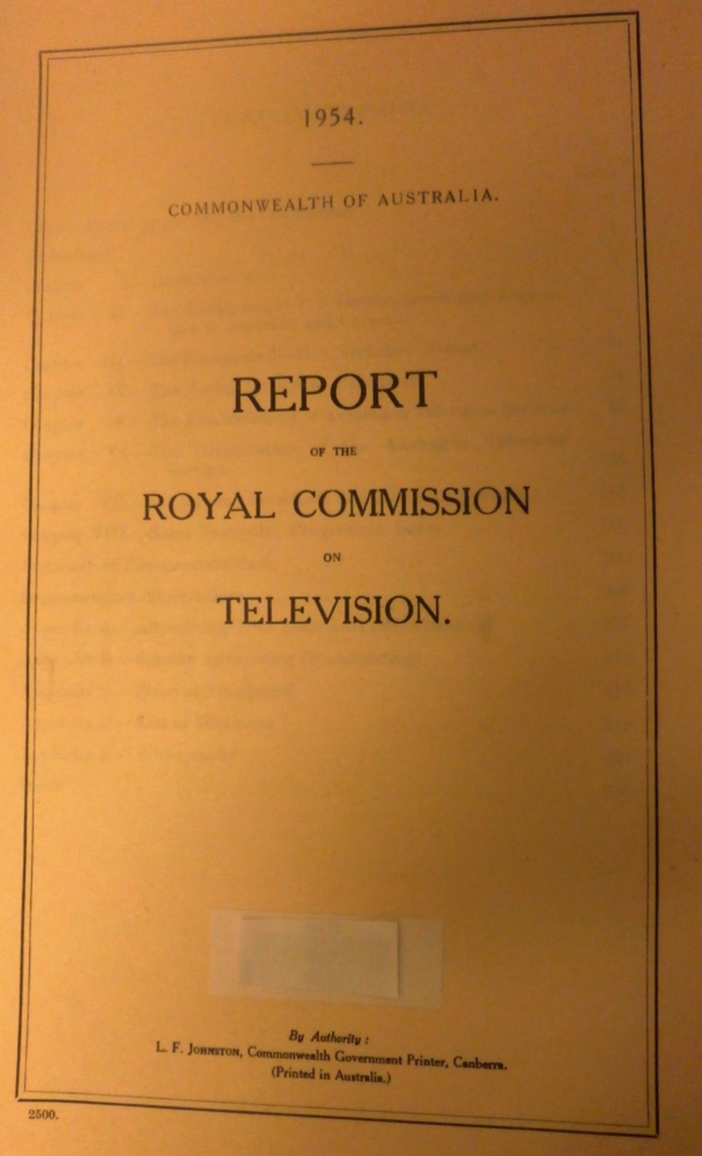 A yellow cover page with the title 'Report of the Royal Commission on television. A yellow cover page with the title 'Report of the Royal Commission on television.