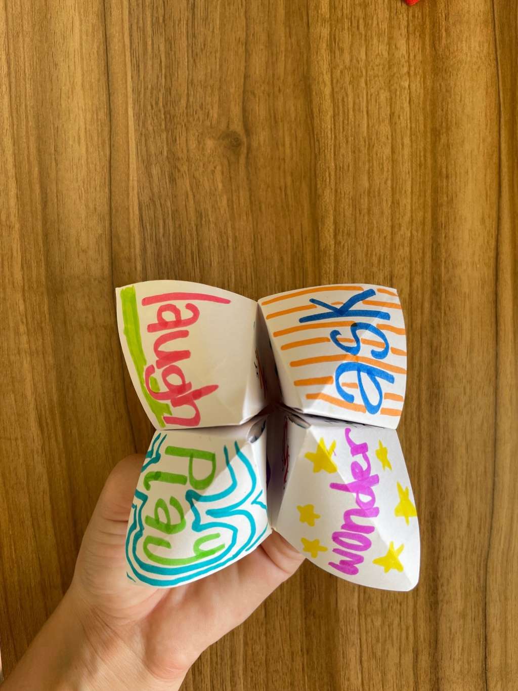 A chatterbox with illustrations in marker with the words laugh, ask, play and wonder on each of the chatterbox corners. A chatterbox with illustrations in marker with the words laugh, ask, play and wonder on each of the chatterbox corners.