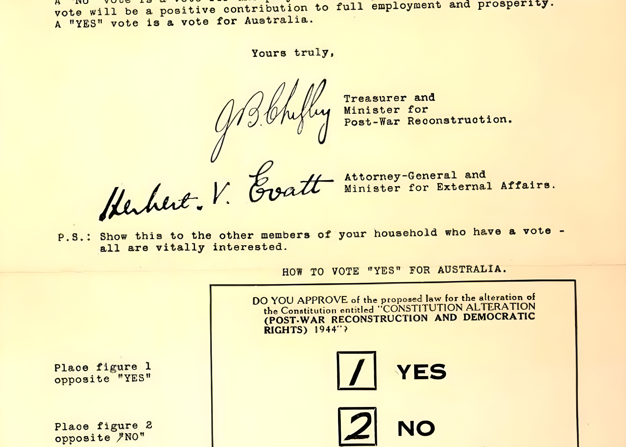 An excerpt from a how to vote card from the 1944 referendum on post-war reconstruction and democratic rights. An excerpt from a how to vote card from the 1944 referendum on post-war reconstruction and democratic rights.