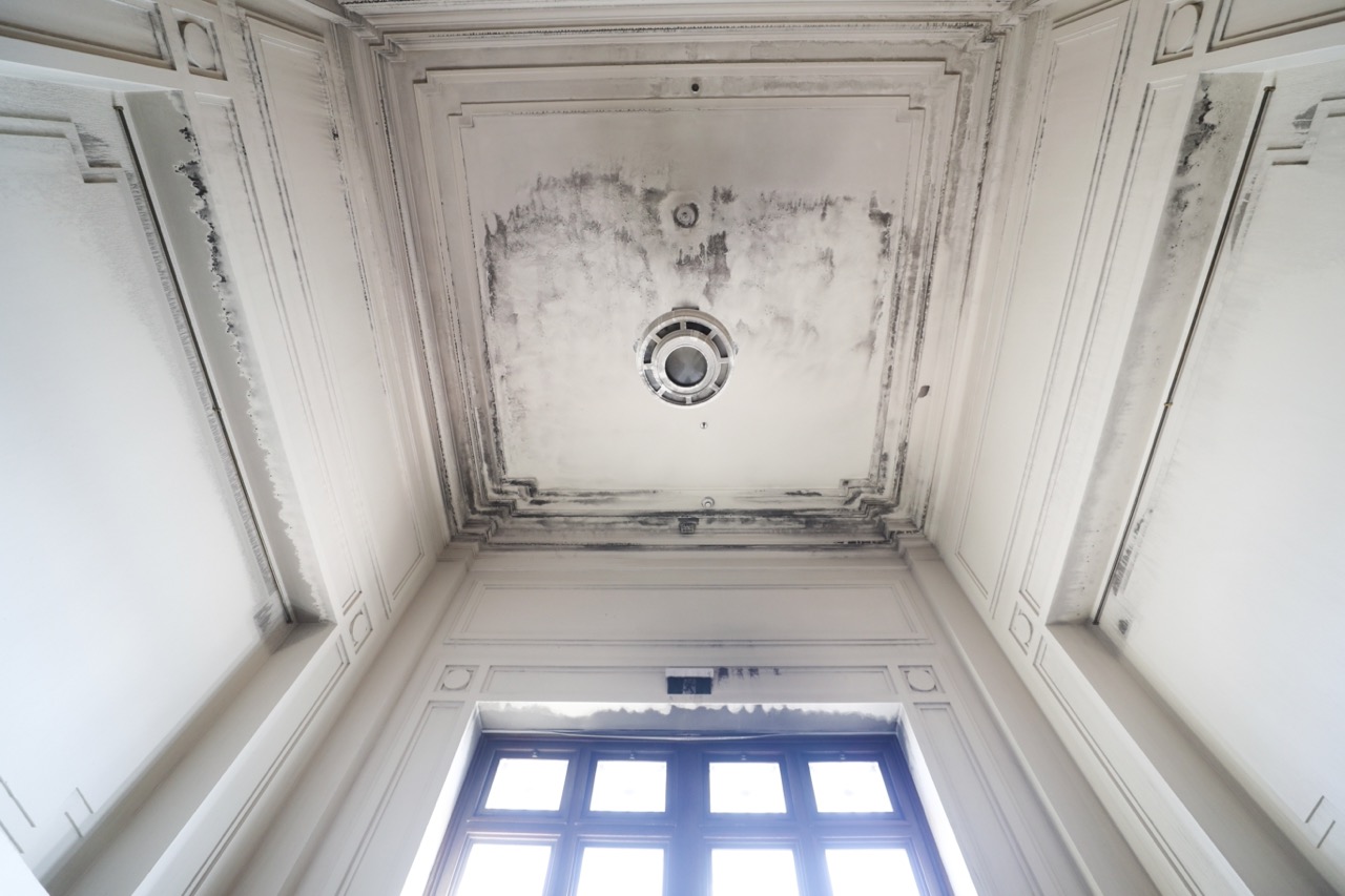 Photograph of a fire damaged ceiling in Old Parliament House