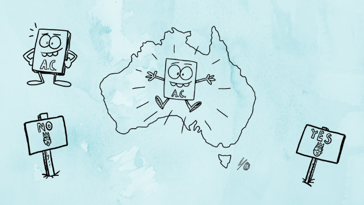 A map of Australia framing a book with eyes, mouth, limbs and the letters 'A.C.' A map of Australia framing a book with eyes, mouth, limbs and the letters 'A.C.'