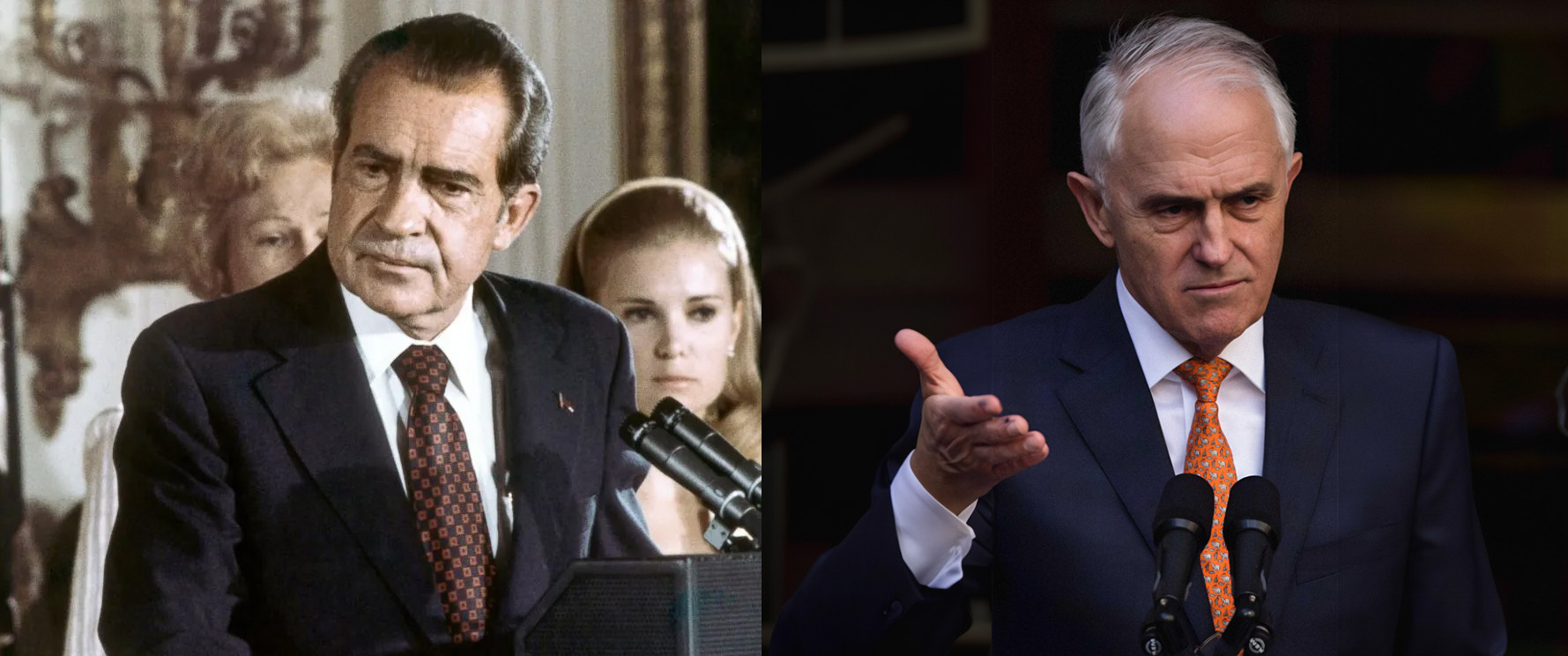 Photograph of Richard Nixon next to a photograph of Malcolm Turnbull, each addressing an audience in front of microphones. Photograph of Richard Nixon next to a photograph of Malcolm Turnbull, each addressing an audience in front of microphones.