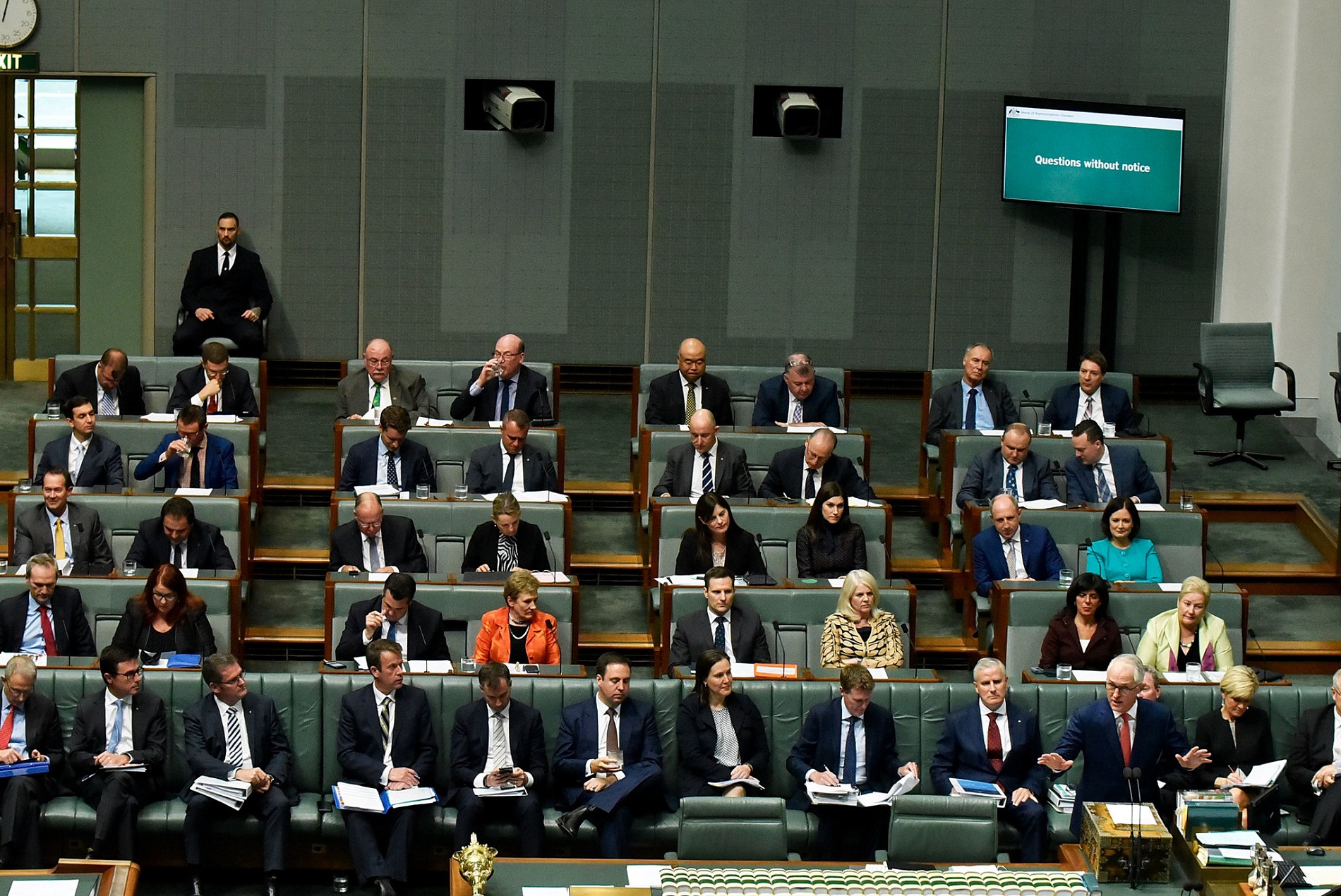 Prime minister Malcolm Turnbull standing and addressing parliament during question time in the House of Representatives. Prime minister Malcolm Turnbull standing and addressing parliament during question time in the House of Representatives.