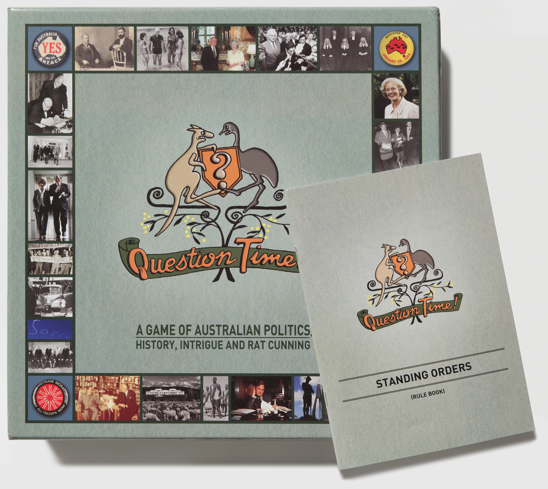 A green coloured square board game box with a caricature of the Australian Coat of Arms on the front with the words Question time - a game of Australian politics, history, intrigue and rat cunning. Photos of politicans and political events are shown around the border. There is a rule book sitting on top of the box. A green coloured square board game box with a caricature of the Australian Coat of Arms on the front with the words Question time - a game of Australian politics, history, intrigue and rat cunning. Photos of politicans and political events are shown around the border. There is a rule book sitting on top of the box.