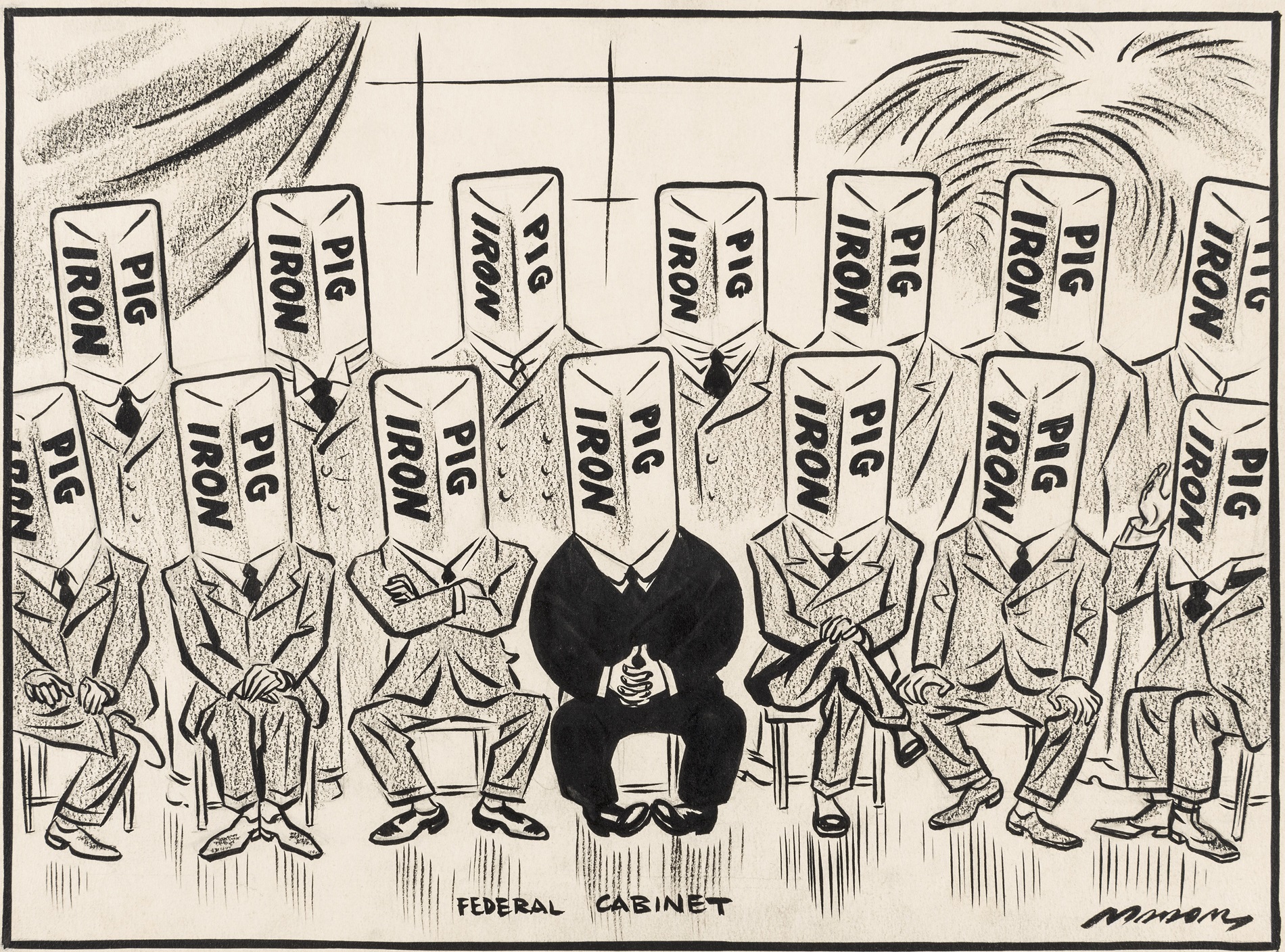 A cartoon depicting the entire Lyons Cabinet with heads made from pig iron. A cartoon depicting the entire Lyons Cabinet with heads made from pig iron.