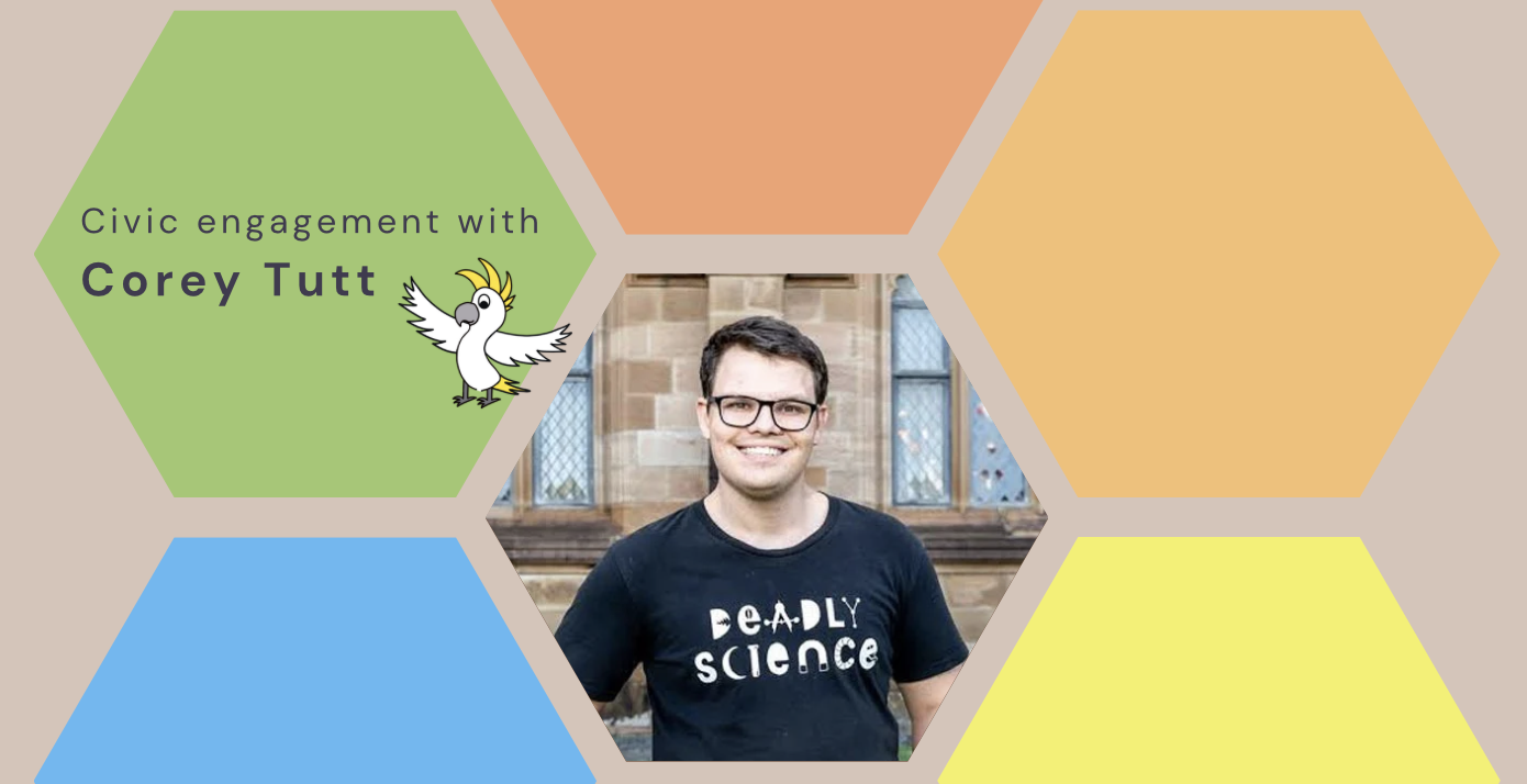 Colourful hexagons surrounding a man smiling and wearing a black t-shirt with the words 'Deadly Science'. Colourful hexagons surrounding a man smiling and wearing a black t-shirt with the words 'Deadly Science'.