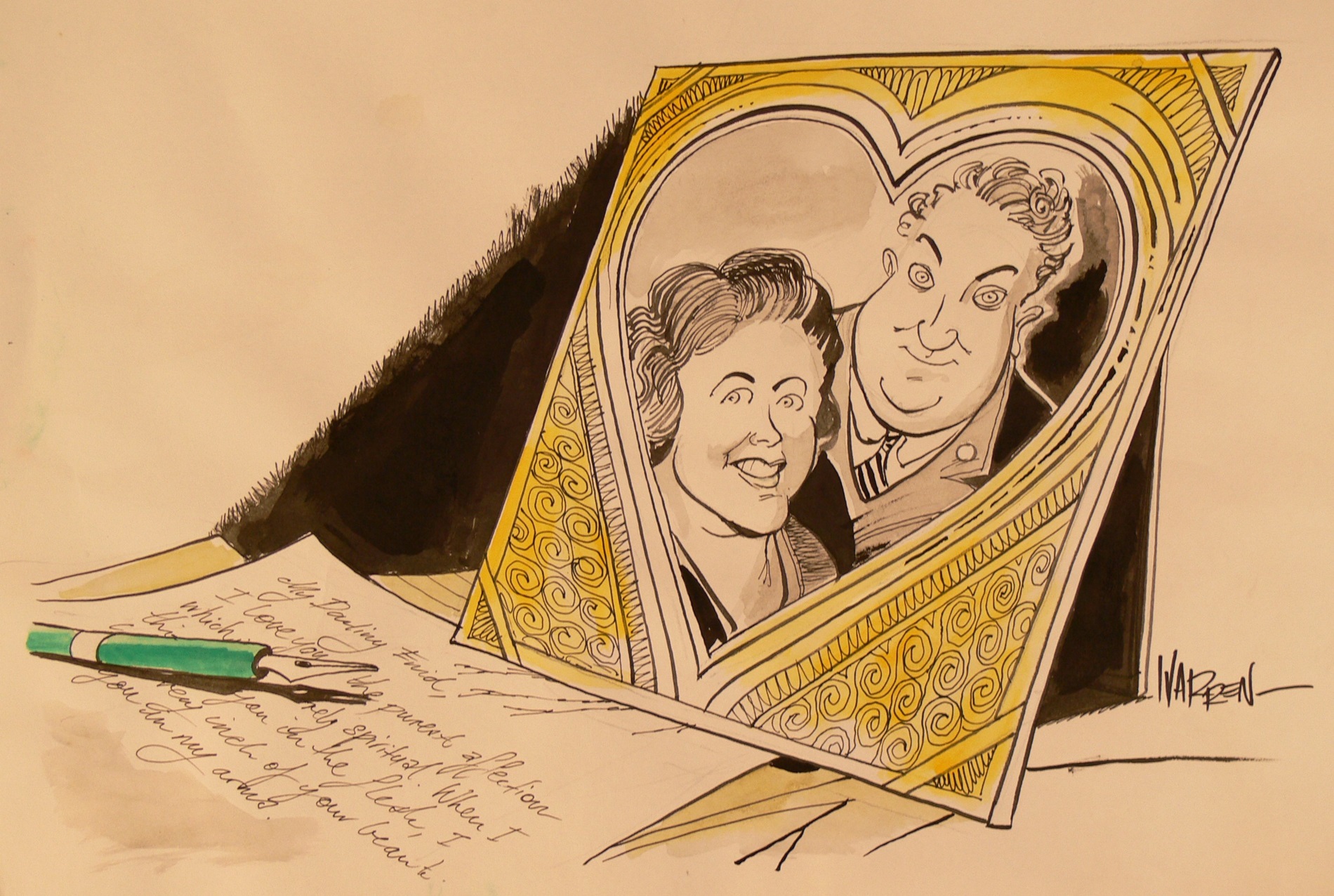 Cartoon showing a heart-shaped photo frame with Joe and Enid Lyons, on a table with a pen and a hand-written love letter addressed to 'My Darling Enid'. Cartoon showing a heart-shaped photo frame with Joe and Enid Lyons, on a table with a pen and a hand-written love letter addressed to 'My Darling Enid'.