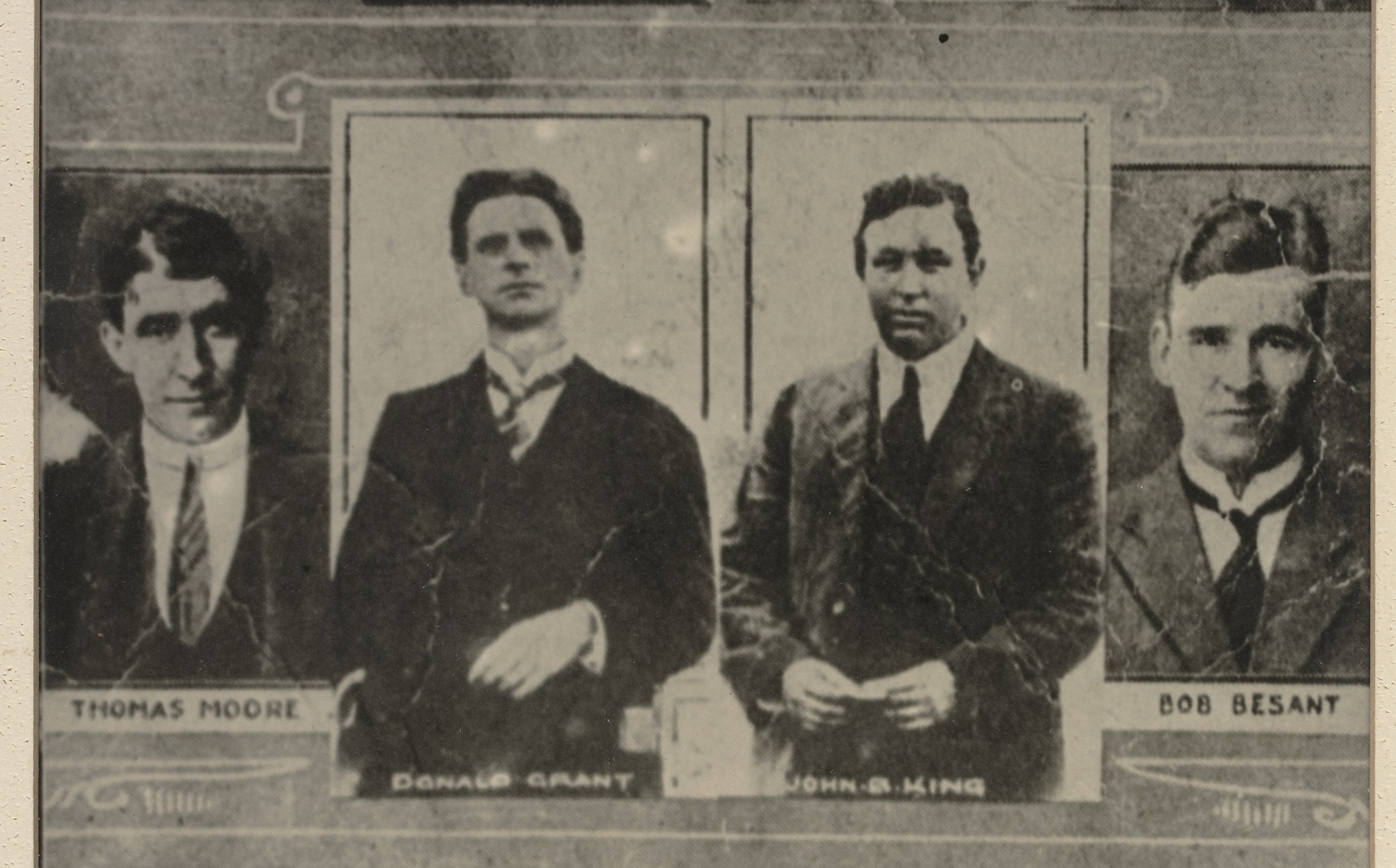 Detail of a black and white thumbnail image of unionists Thomas Moor, Donald Grant, John B King and Bob Besant. Detail of a black and white thumbnail image of unionists Thomas Moor, Donald Grant, John B King and Bob Besant.
