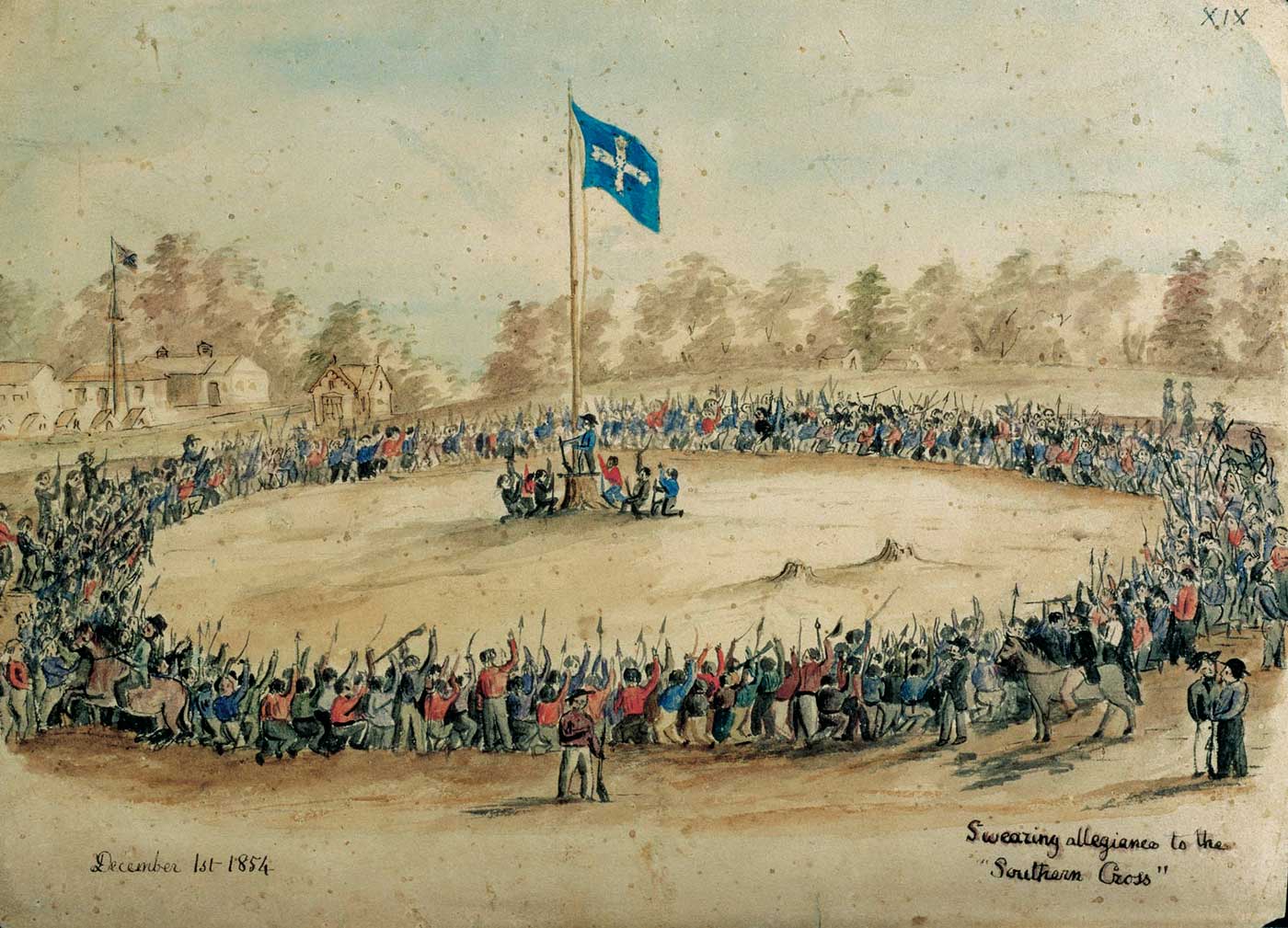 A painting of a large group of miners gathered in a circle around a flagpole, kneeling and raising hands and objects into the air, as the Eureka flag is raised. The title reads 'Swearing allegiance to the "Southern Cross"' and dated 'December 1st 1854'. A painting of a large group of miners gathered in a circle around a flagpole, kneeling and raising hands and objects into the air, as the Eureka flag is raised. The title reads 'Swearing allegiance to the "Southern Cross"' and dated 'December 1st 1854'.