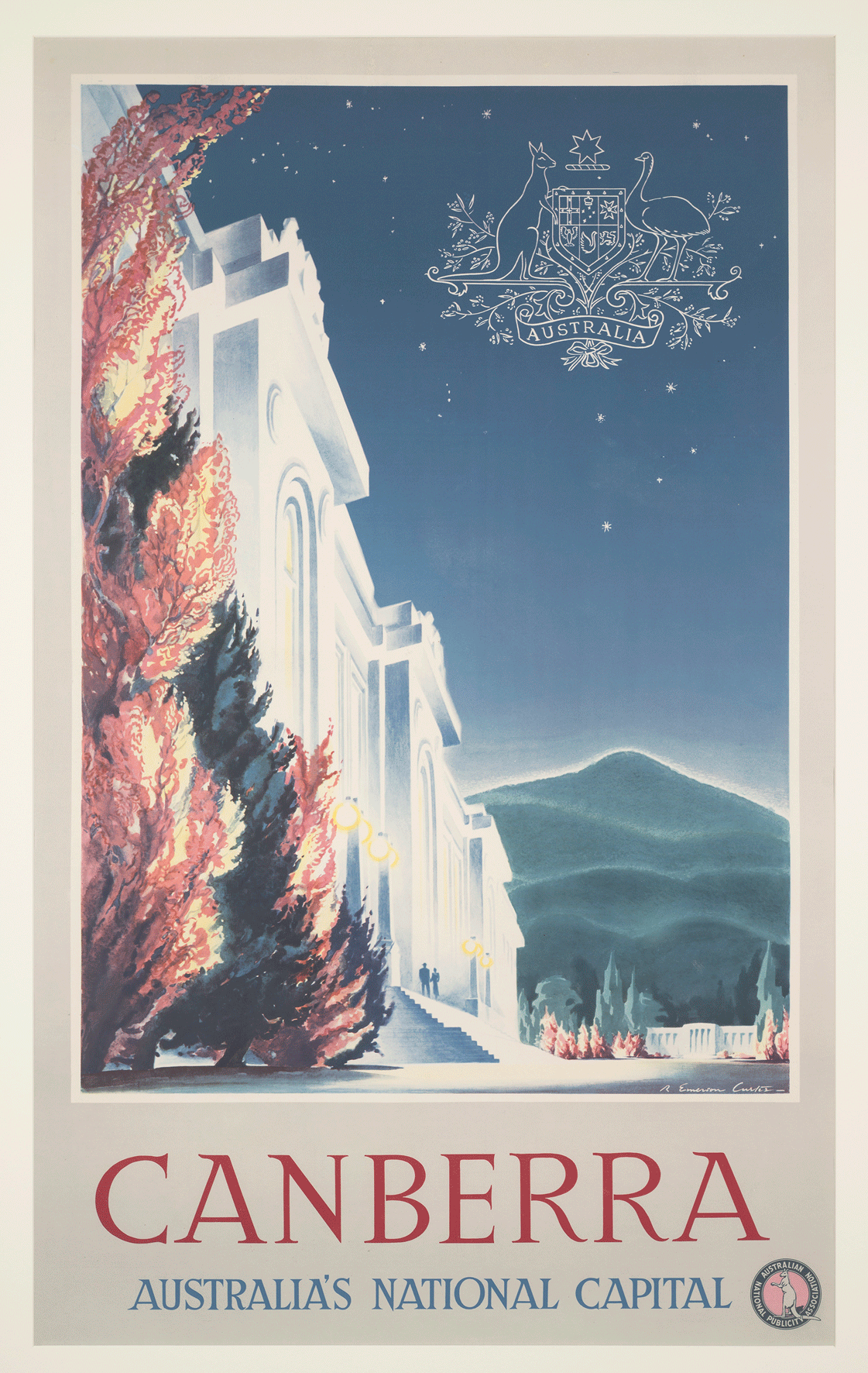 An illustrated travel poster with the words 'Canberra Australia's National Capital' at the bottom and the front of a large white building with a mountain in the background. An illustrated travel poster with the words 'Canberra Australia's National Capital' at the bottom and the front of a large white building with a mountain in the background.