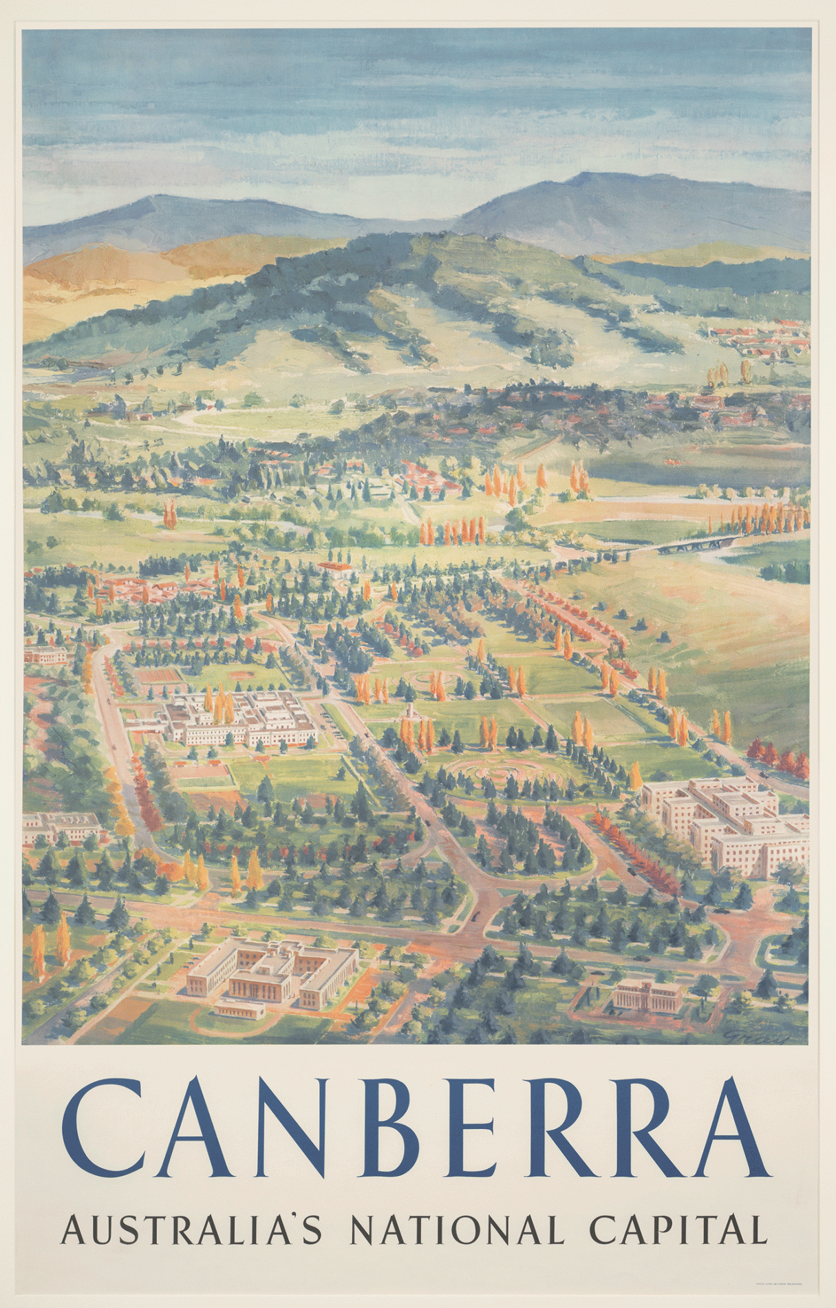 An illustrated travel poster showing a view looking down onto rows of trees surrounding a white building. The words Canberra, Australia's National Capital are along the bottom. An illustrated travel poster showing a view looking down onto rows of trees surrounding a white building. The words Canberra, Australia's National Capital are along the bottom.