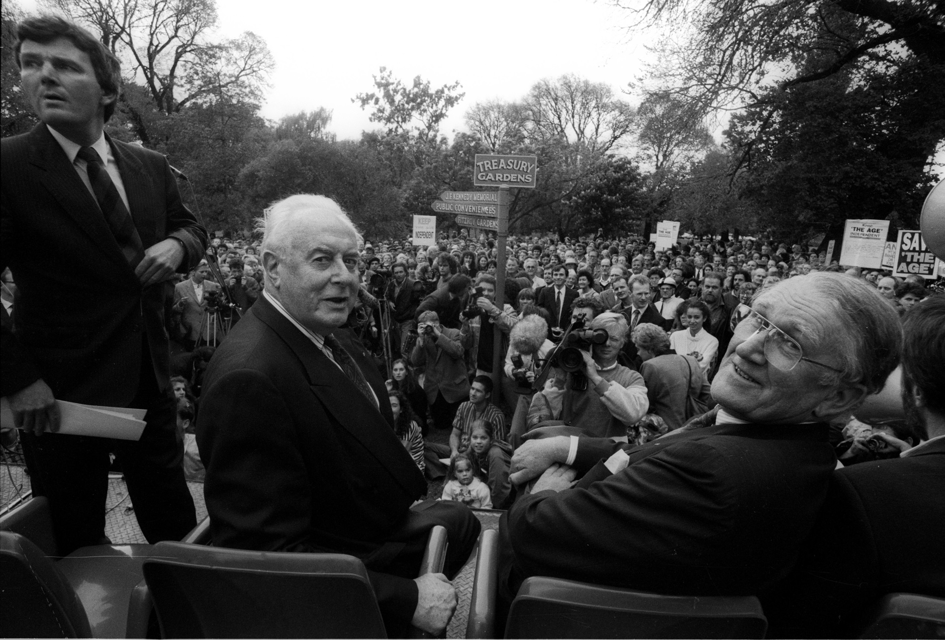 Whitlam and Fraser photographed at a rally in support of the free media. Whitlam and Fraser photographed at a rally in support of the free media.