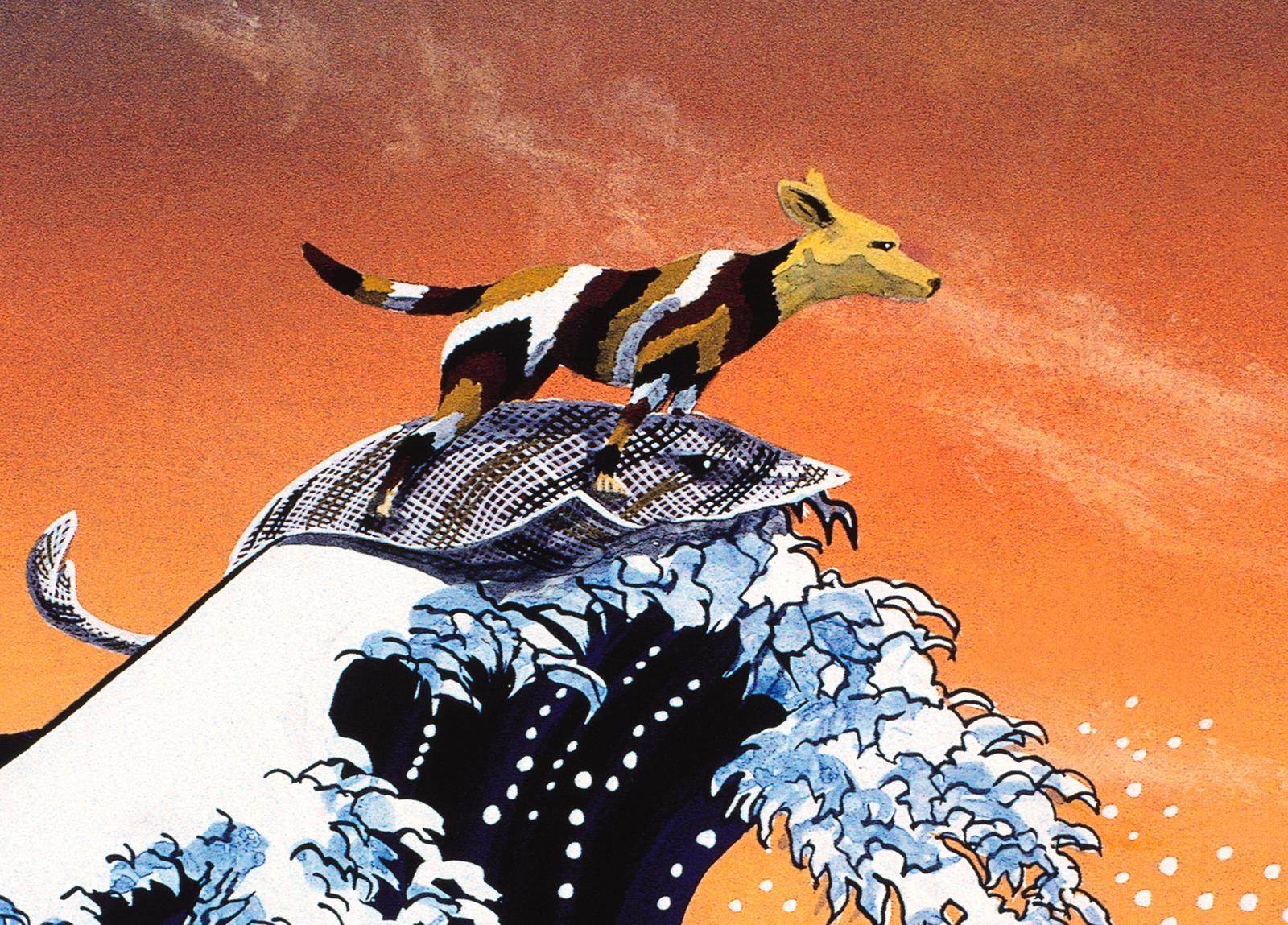 A painting of a dingo, coloured with red, white and black stripes, riding a stingray on top of a wave. A painting of a dingo, coloured with red, white and black stripes, riding a stingray on top of a wave.
