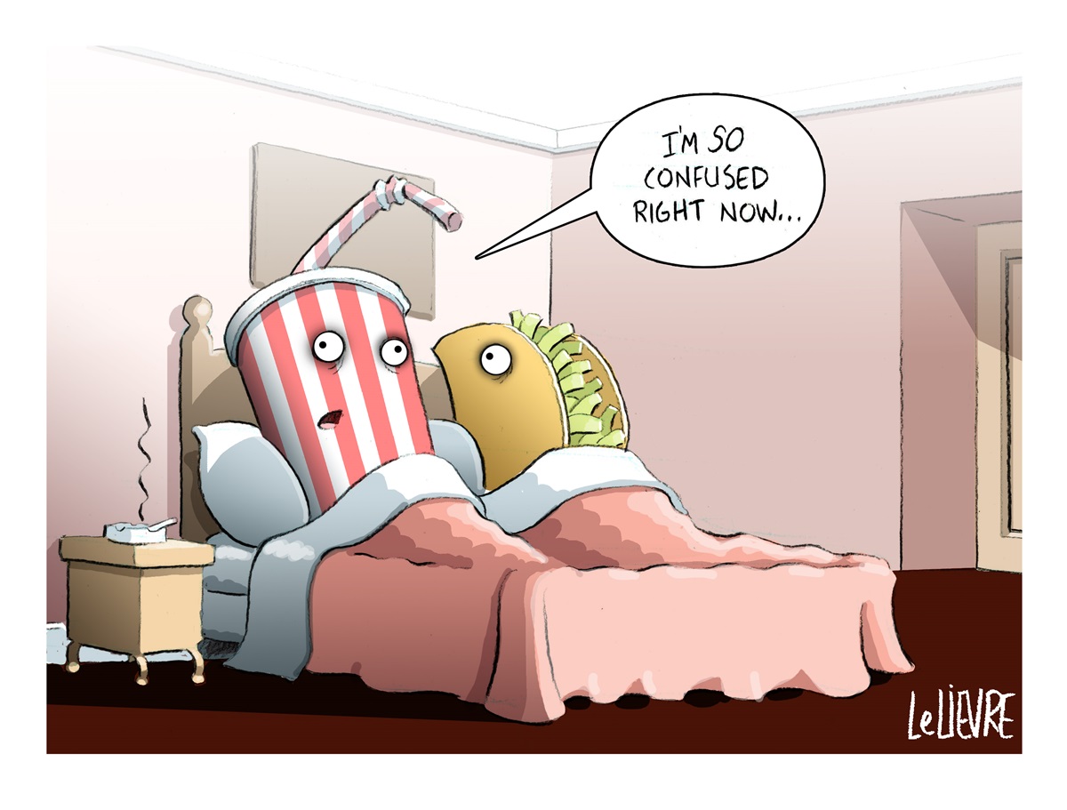 A milkshake and a taco are in bed. The milkshake says, 'I'm so confused right now'. A cigarette is in an ashtray next to the bed. A milkshake and a taco are in bed. The milkshake says, 'I'm so confused right now'. A cigarette is in an ashtray next to the bed.
