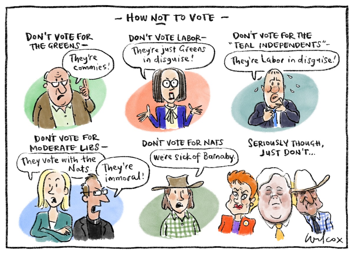 A 'How not to vote' card with six caricatures and reasons not to vote for those political parties or politicians. A 'How not to vote' card with six caricatures and reasons not to vote for those political parties or politicians.