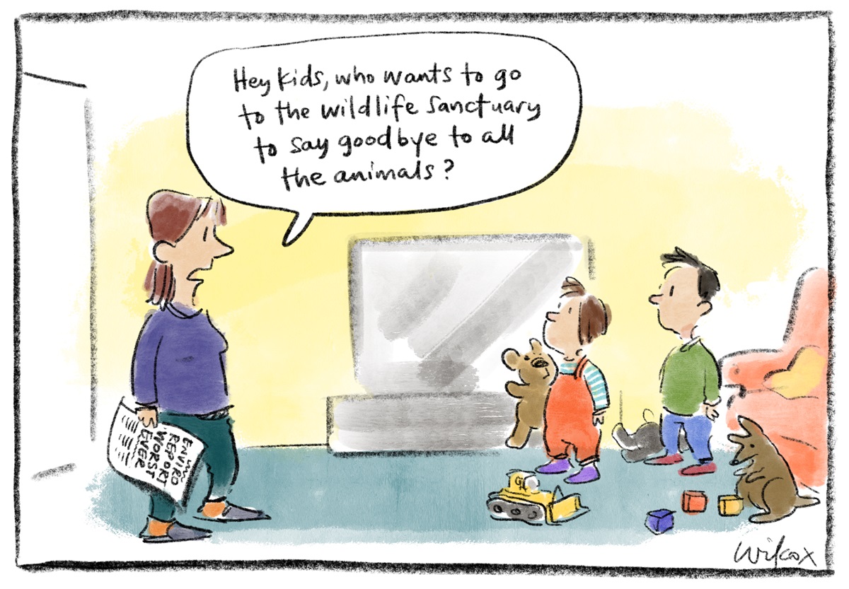 A mother holding a newspaper says to her children, 'Hey kids, who wants to go to the wildlife sanctuary to say goodbye to all the animals?' A mother holding a newspaper says to her children, 'Hey kids, who wants to go to the wildlife sanctuary to say goodbye to all the animals?'