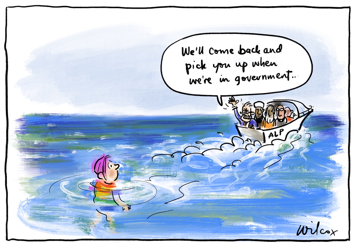 A boat 'ALP' speeds away from someone wearing rainbow colours in the water. A man on the boat says, 'We'll come back and pick you up when we're in government...'