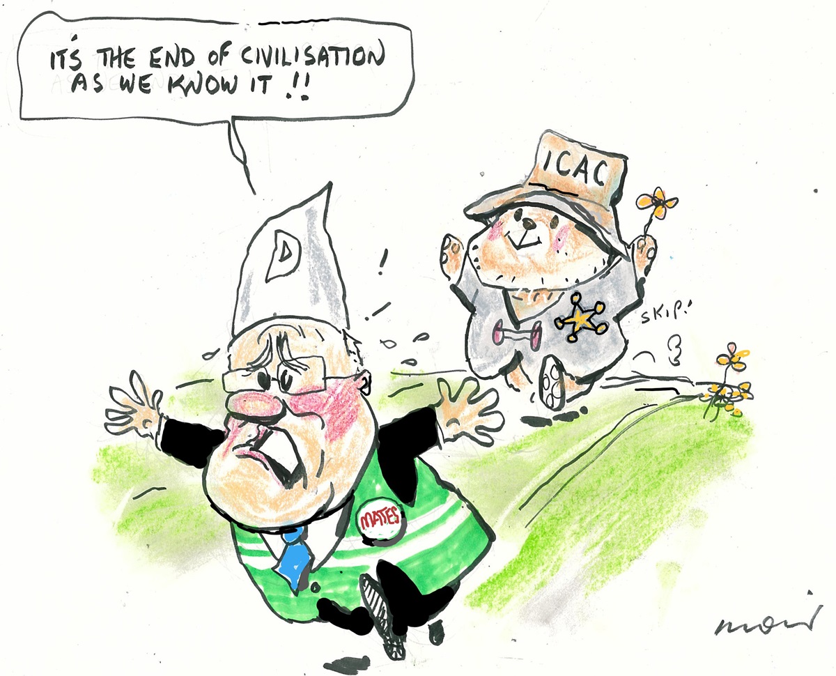 A Paddington Bear-like character wearing an 'ICAC' hat 'skips' after Scott Morrison who is wearing a 'Mates' jacket. Morrison says, 'It's the end of civilisation as we know it!!' A Paddington Bear-like character wearing an 'ICAC' hat 'skips' after Scott Morrison who is wearing a 'Mates' jacket. Morrison says, 'It's the end of civilisation as we know it!!'