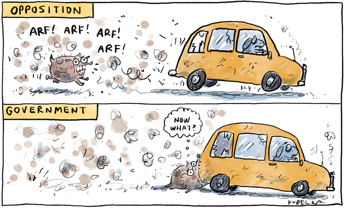 Two panels. First panel titled 'Opposition', a dog wearing glasses chases a car. Second panel titled 'Government', the dog catches the car and thinks, 'Now what?' Two panels. First panel titled 'Opposition', a dog wearing glasses chases a car. Second panel titled 'Government', the dog catches the car and thinks, 'Now what?'