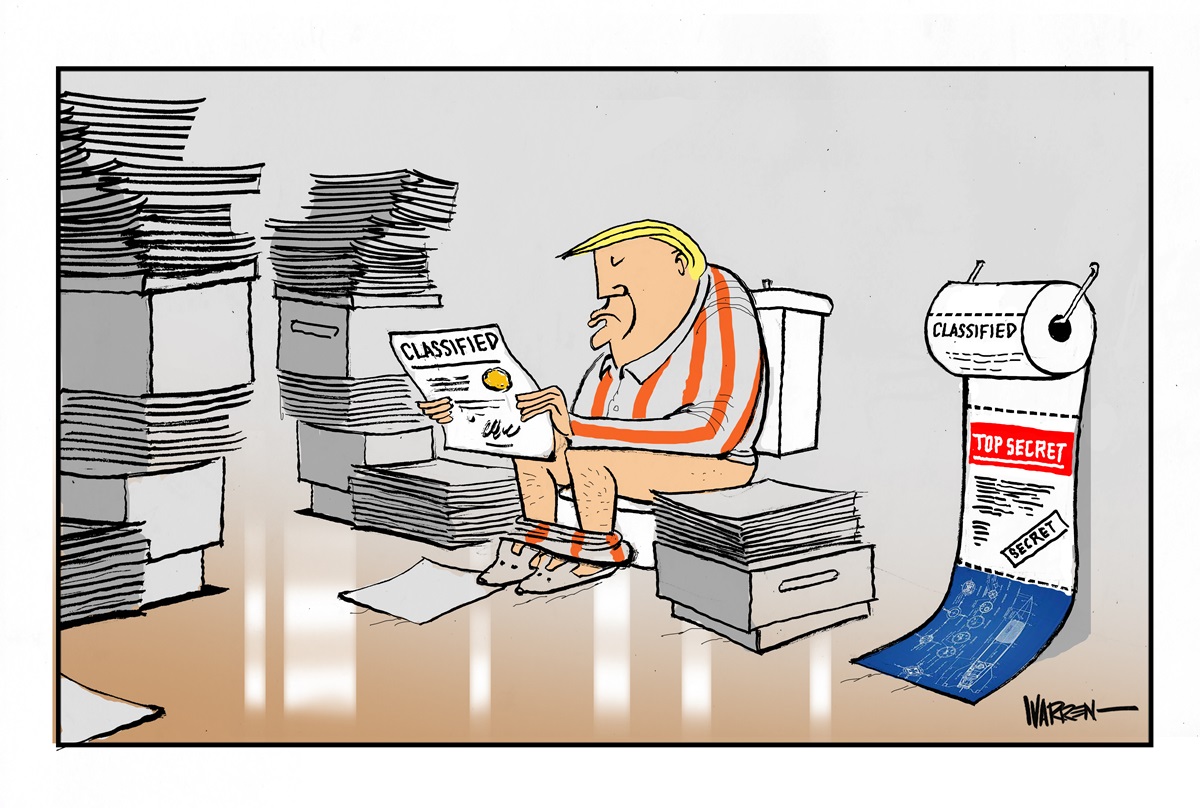 Donald Trump sits on a toilet surrounded by file boxes and piles of paper, marked 'Classified' and 'Top secret'.