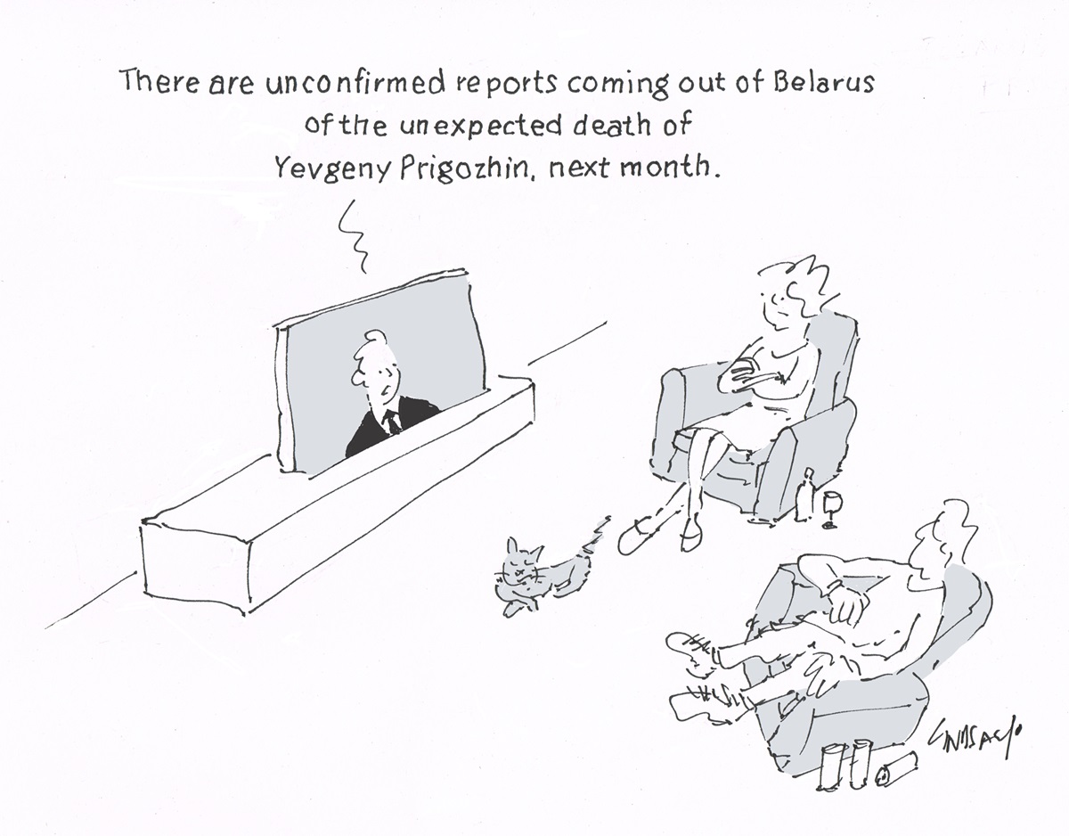 A couple sit watching TV. On TV a newsreader says, 'There are unconfirmed reports coming out of Belarus of the unexpected death of Yevgeny Prigozhin, next month.' A couple sit watching TV. On TV a newsreader says, 'There are unconfirmed reports coming out of Belarus of the unexpected death of Yevgeny Prigozhin, next month.'