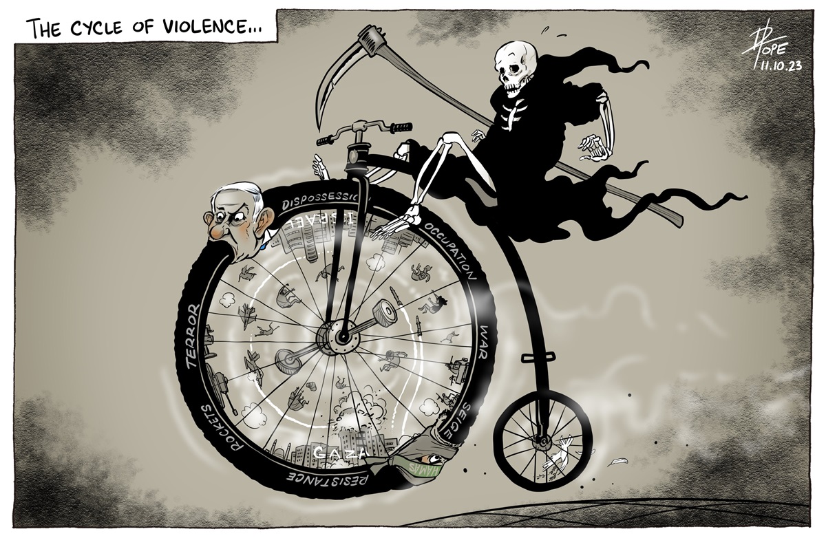 Death as the Grim Reaper falls backward from a penny-farthing bicycle. The bike wheel has depictions of Israeli and Hamas leaders, and the words 'dispossession, occupation, war, siege, resistance, rockets and terror'. Death as the Grim Reaper falls backward from a penny-farthing bicycle. The bike wheel has depictions of Israeli and Hamas leaders, and the words 'dispossession, occupation, war, siege, resistance, rockets and terror'.