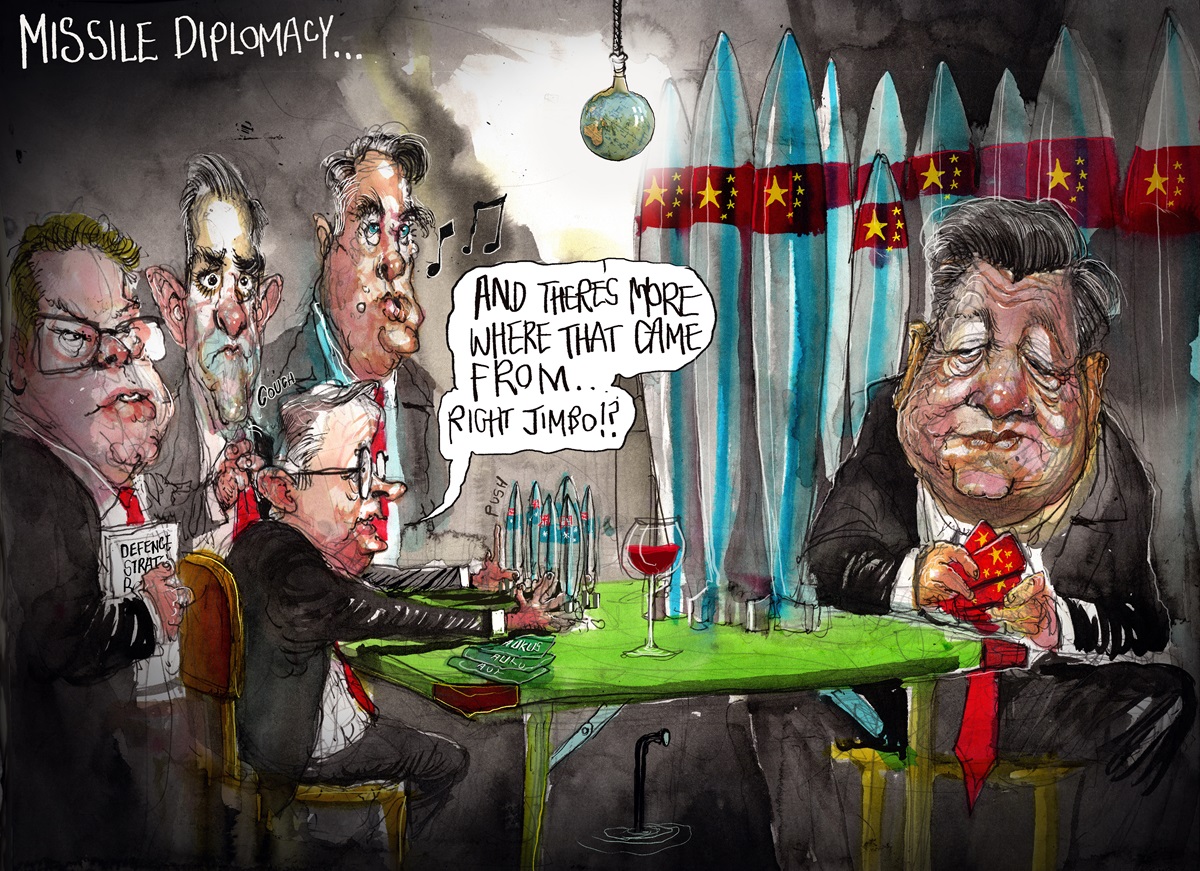 Across a table from Xi Jinping, flanked with a wall of large missiles, four men, including Anthony Albanese, sit with a handful of small missiles. Albanese says, 'And there's more where that came from... right Jimbo?'