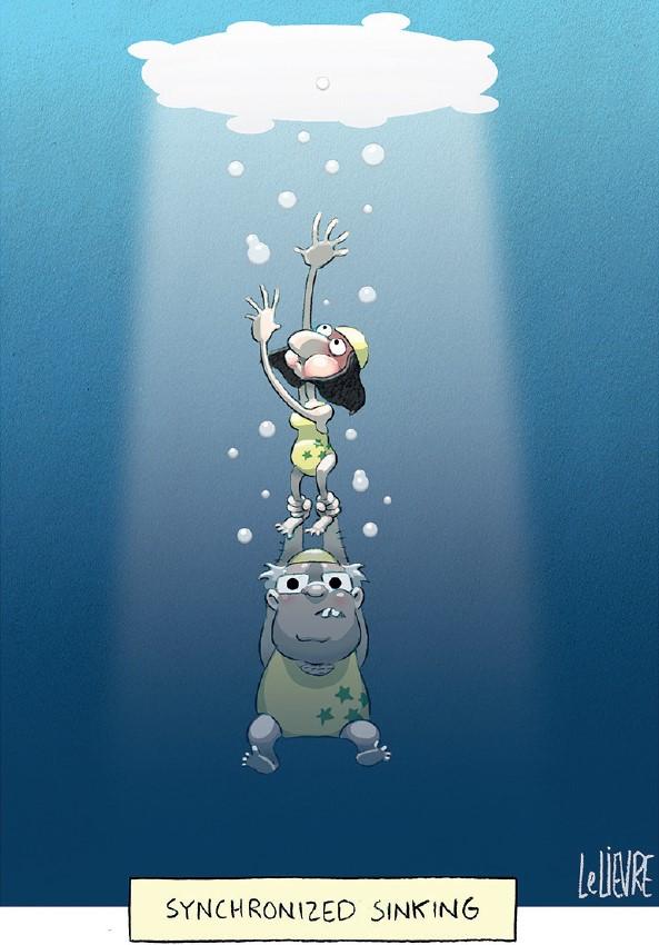 Scott Morrison is holding onto Gladys Berejiklian's ankles in water. They are both drowning while looking up at a hole in the ice above. Scott Morrison is holding onto Gladys Berejiklian's ankles in water. They are both drowning while looking up at a hole in the ice above.