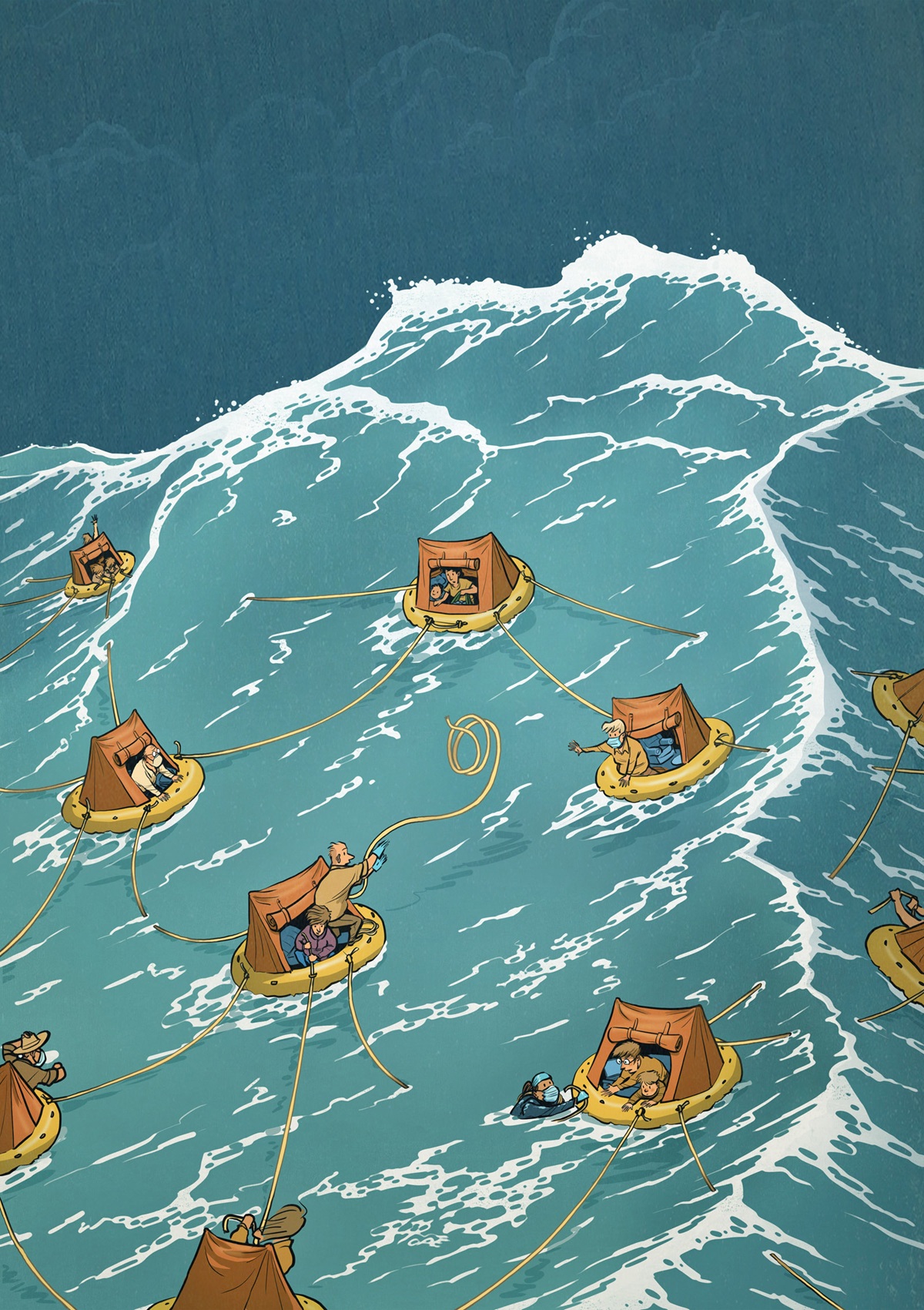 People in lifeboats shaped as tents in rough seas. They try to reach each other with ropes. People in lifeboats shaped as tents in rough seas. They try to reach each other with ropes.