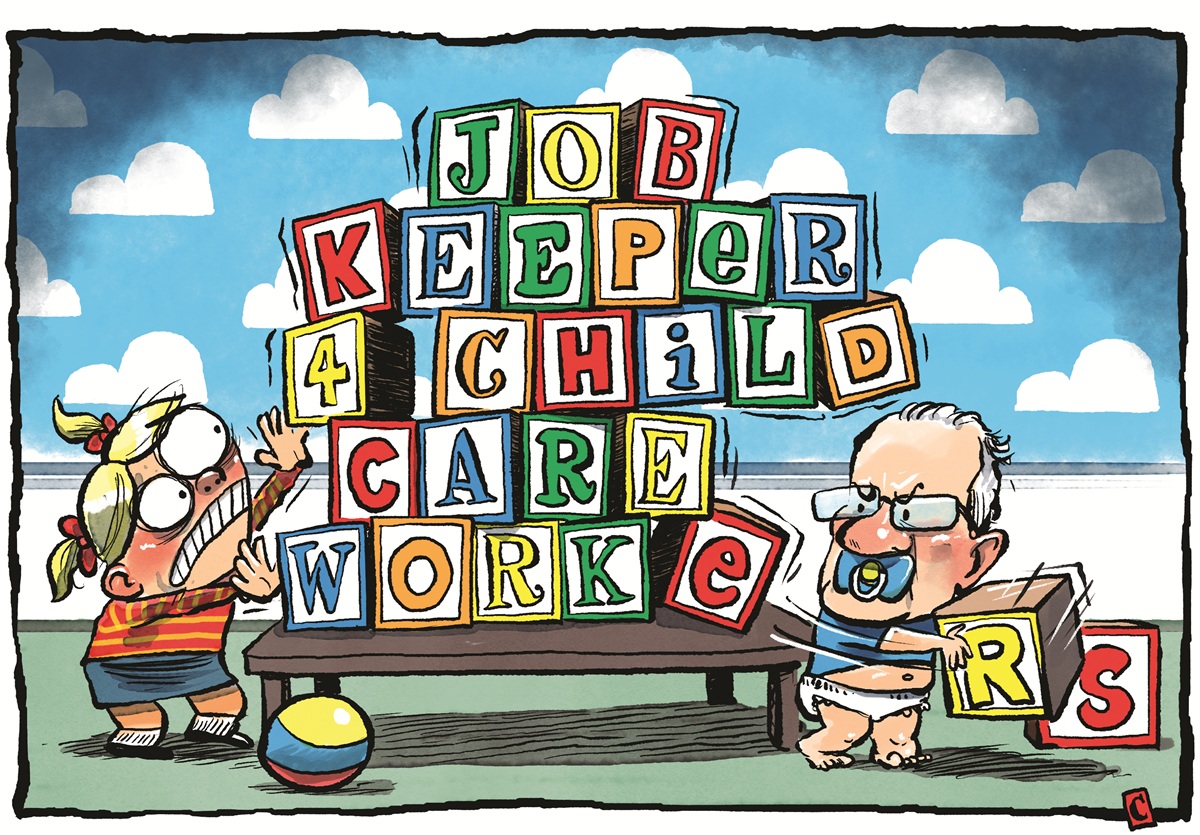 Scott Morrison, pictured as a toddler, takes letters from a tower that spells 'Job Keeper 4 Child Care Workers'. A woman holds up her hands to try to stop the tower falling. Scott Morrison, pictured as a toddler, takes letters from a tower that spells 'Job Keeper 4 Child Care Workers'. A woman holds up her hands to try to stop the tower falling.