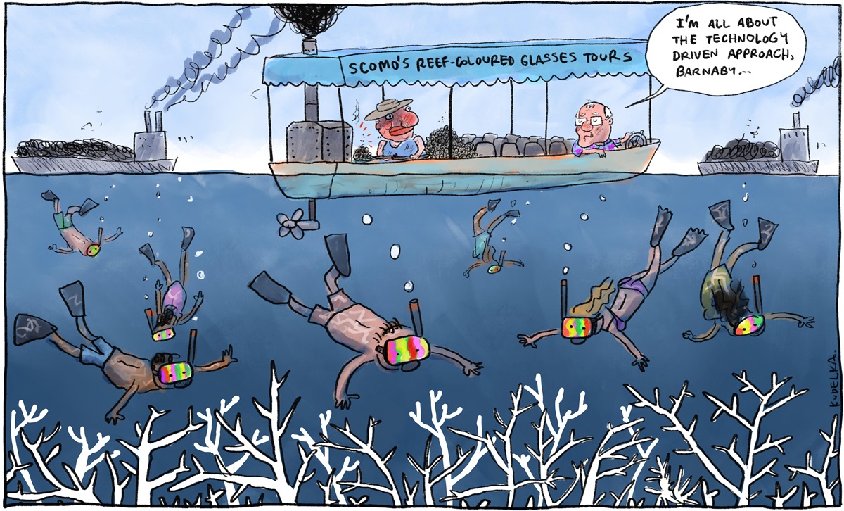 Scott Morrison and Barnaby Joyce are on 'Scomo's Reef-Coloured Glasses Tours' boat. Divers underneath point to dead coral. Big boats in the background emit black smoke.