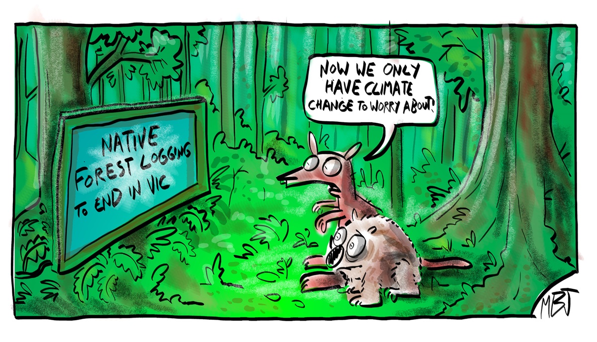 Two animals look at a sign in the forest that reads 'Native forest logging to end in Vic'. One says, 'Now we only have climate change to worry about!' Two animals look at a sign in the forest that reads 'Native forest logging to end in Vic'. One says, 'Now we only have climate change to worry about!'
