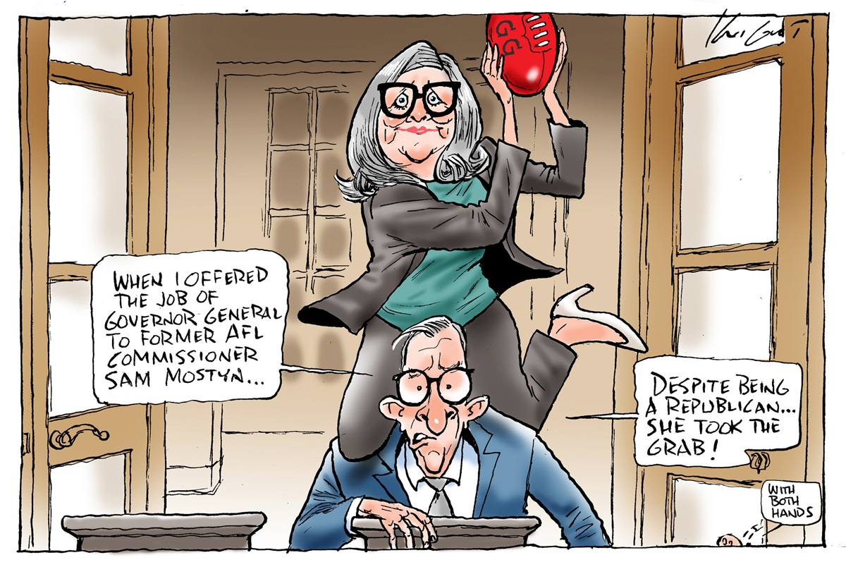 Governor-General of Australia Sam Mostyn climbs atop Prime Minister Anthony Albanese's back to catch a football, while Albanese says 'When I offered the job of governor-general to former AFL commissioner Sam Mostyn … despite being a Republican ... she took the grab.' 