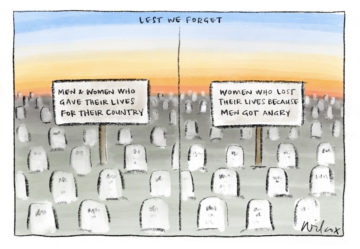 Text reads, 'Lest we forget.' Two sets of graveyards are labelled 'Men and women who gave their lives for their country,' and 'Women who lost their lives because men got angry.' 
