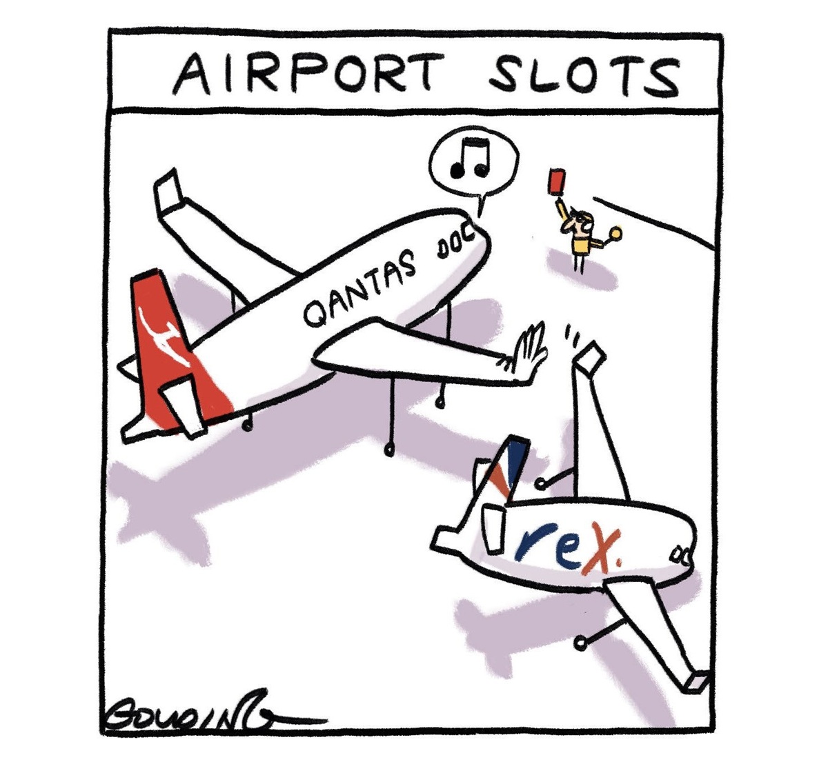 Text reads, 'Airport slots.' A large Qantas plane whistles and holds up a hand at a small Rex plane, which veers off to the side. Text reads, 'Airport slots.' A large Qantas plane whistles and holds up a hand at a small Rex plane, which veers off to the side.