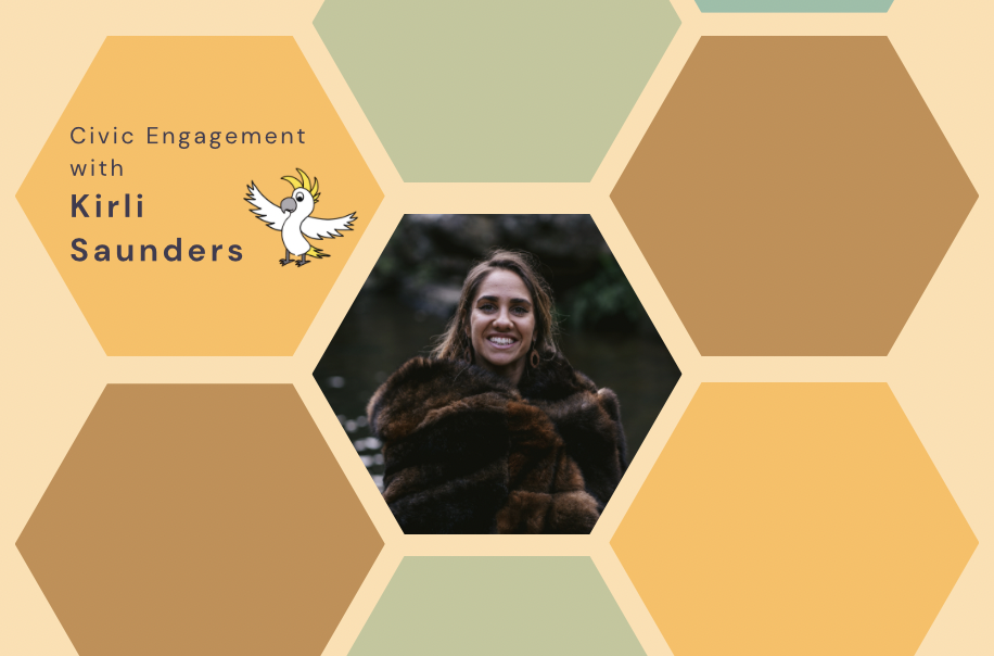 Yellow, brown and light green tiles on a yellow background. A picture of a woman wearing brown in the centre tile. Text on one tile reads, 'Civic Engagement with Kirli Saunders'.