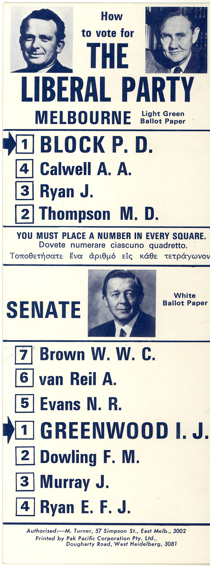 Liberal Party how to vote card 1969. Liberal Party how to vote card 1969.