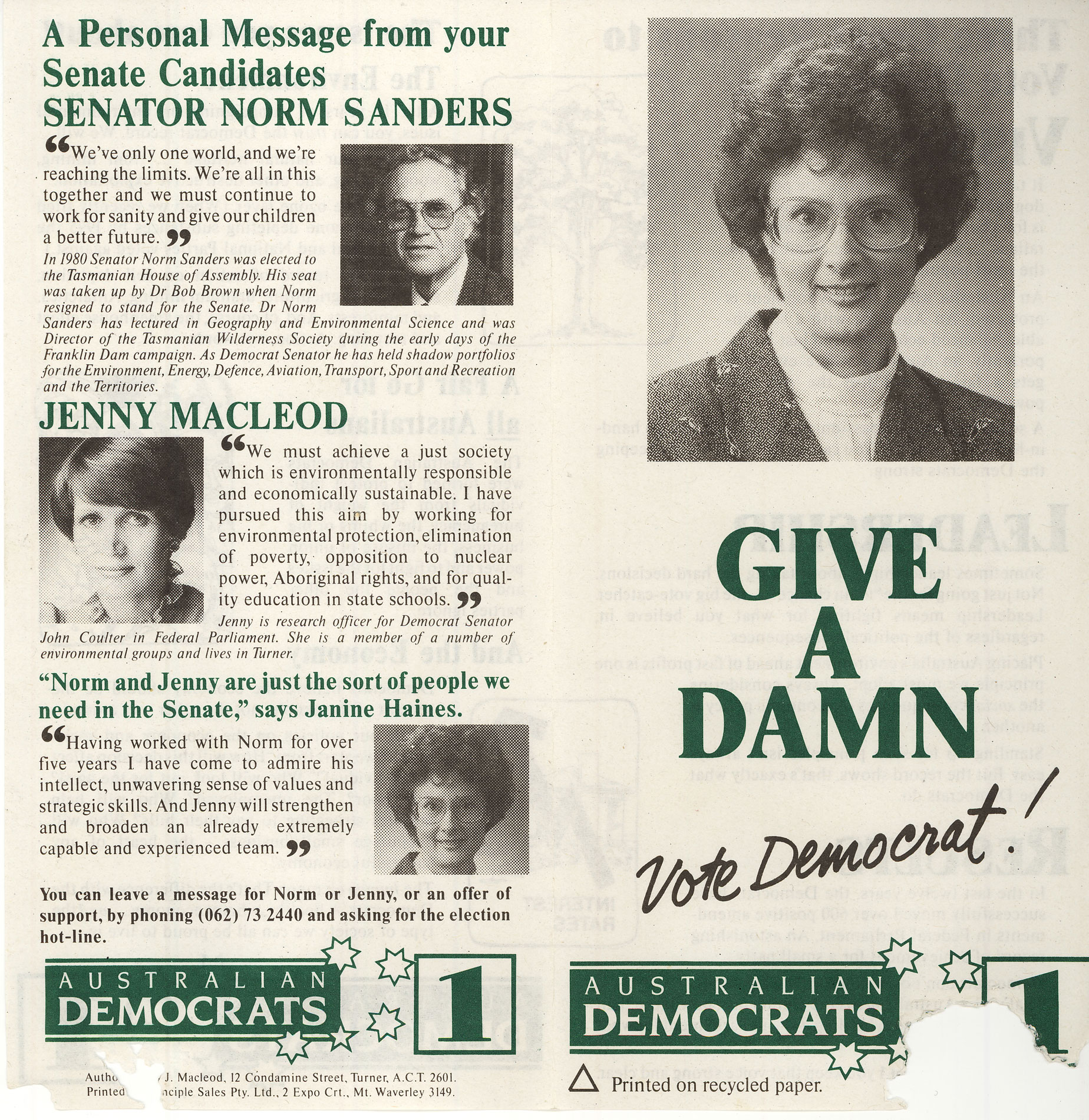 Australian Democrats campaign leaflet from 1990. Norm Sanders, Jenny Macleod and Janine Haines are pictured with campaign messages. Australian Democrats campaign leaflet from 1990. Norm Sanders, Jenny Macleod and Janine Haines are pictured with campaign messages.