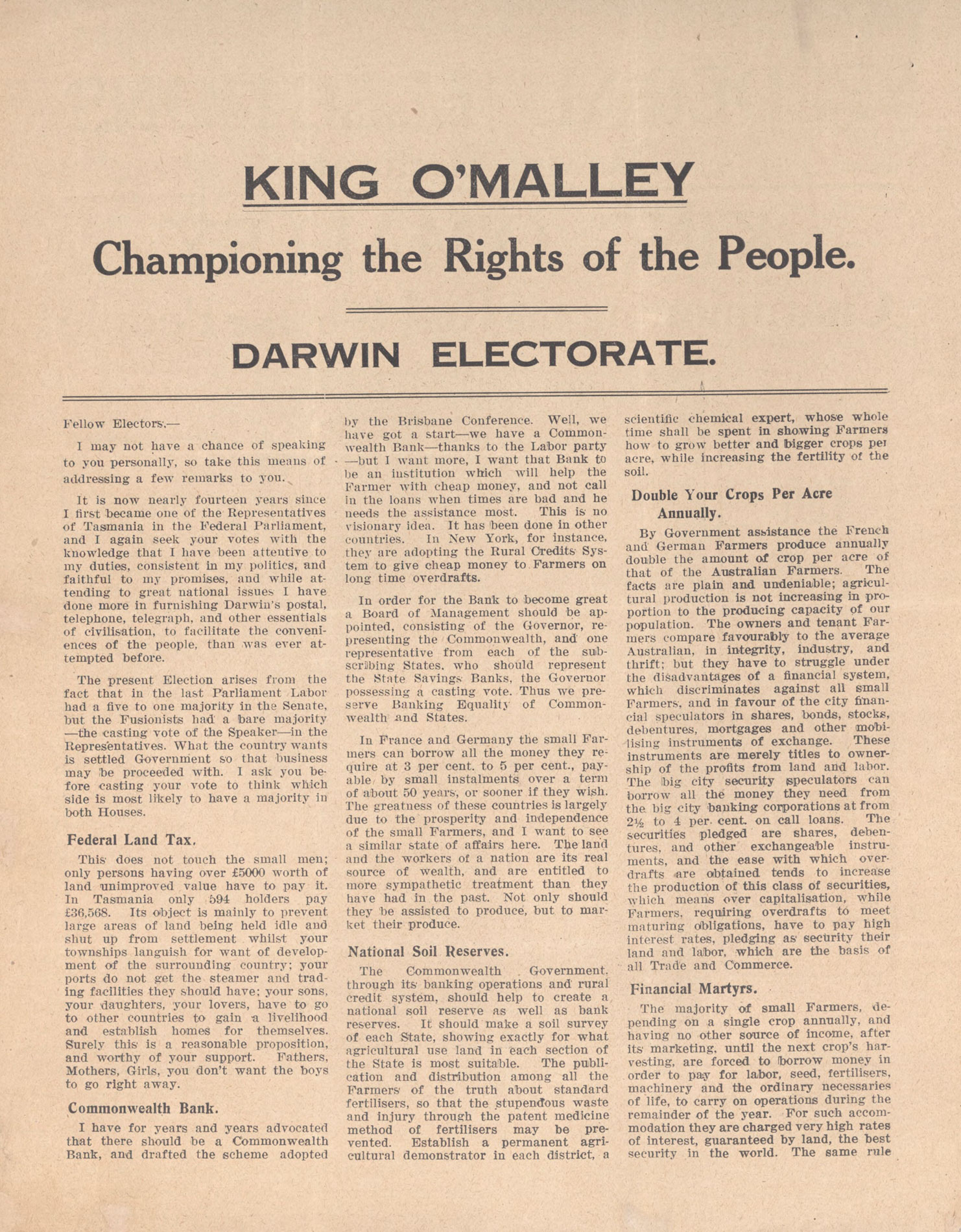 Election campaign pamphlet from King O'Malley's campaign in 1914. Election campaign pamphlet from King O'Malley's campaign in 1914.