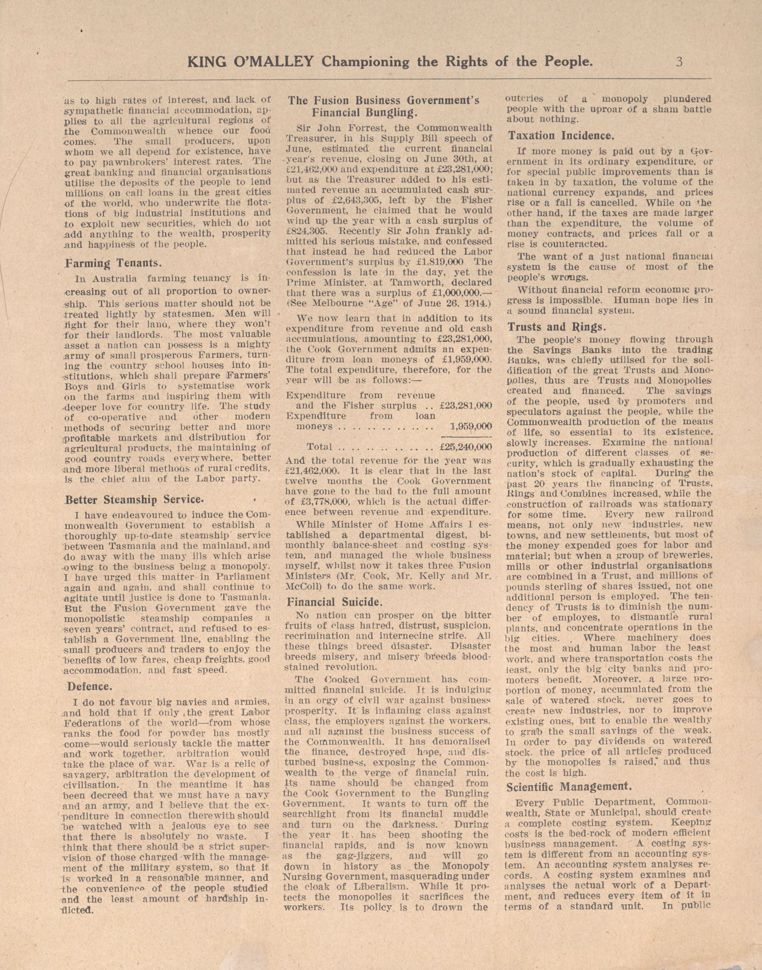 King O'Malley's 'championing the rights of the people' election campaign leaflet from 1914. King O'Malley's 'championing the rights of the people' election campaign leaflet from 1914.
